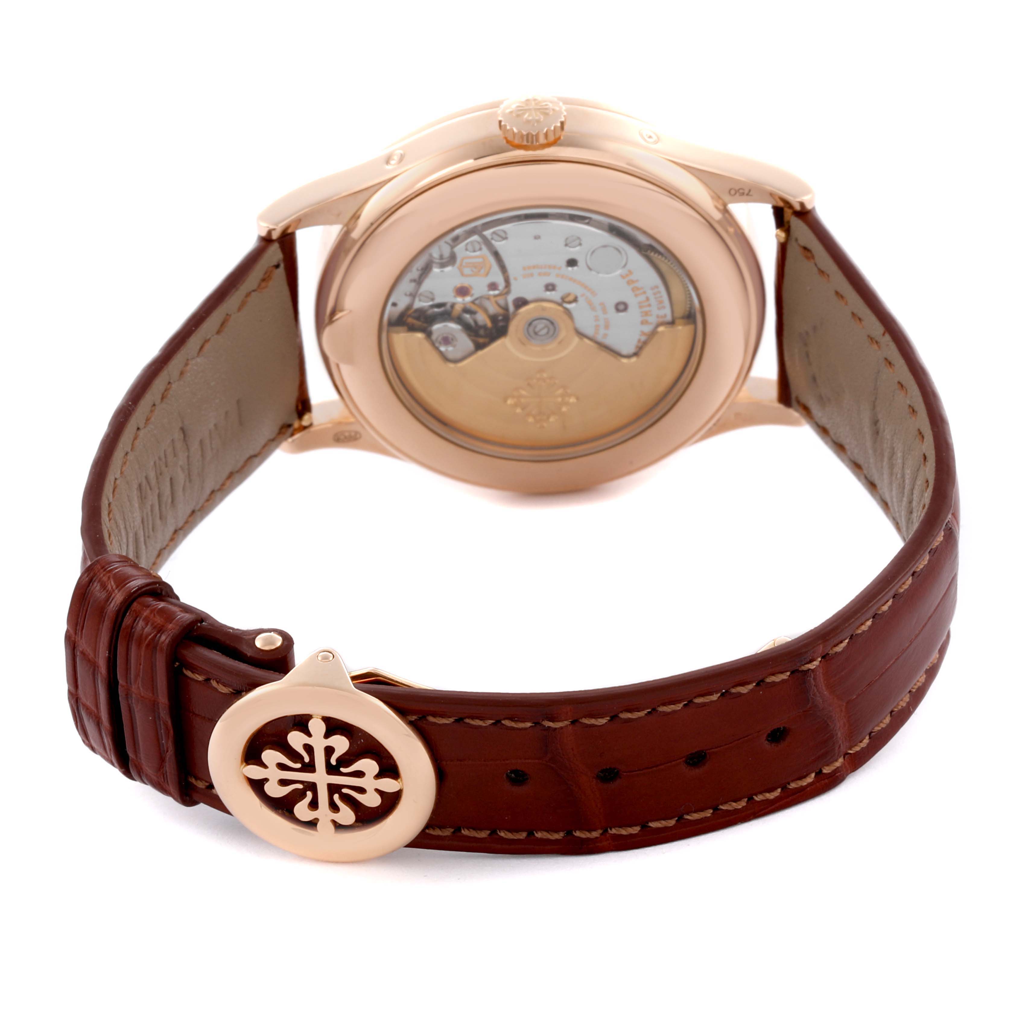 The image shows the back and side profile of a Patek Philippe Complications 5396R-011 Men
s Rose Gold Silver Dial 5396R-011 Men
s Rose Gold Silver Dial watch, highlighting the movement and clasp details.