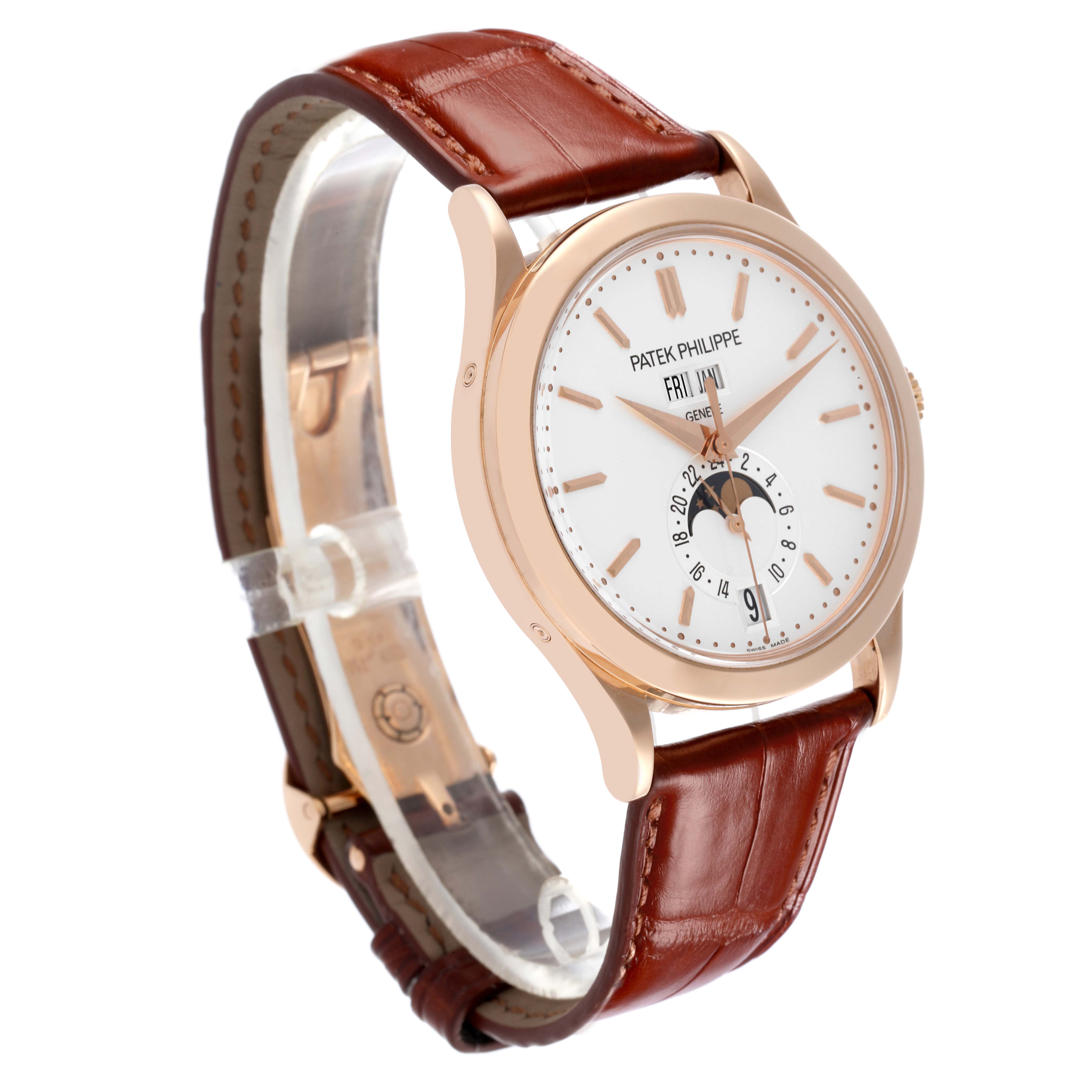 The Patek Philippe Complications 5396R-011 Men
s Rose Gold Silver Dial 5396R-011 Men
s Rose Gold Silver Dial watch is shown from a three-quarter angle, displaying the face and leather strap.