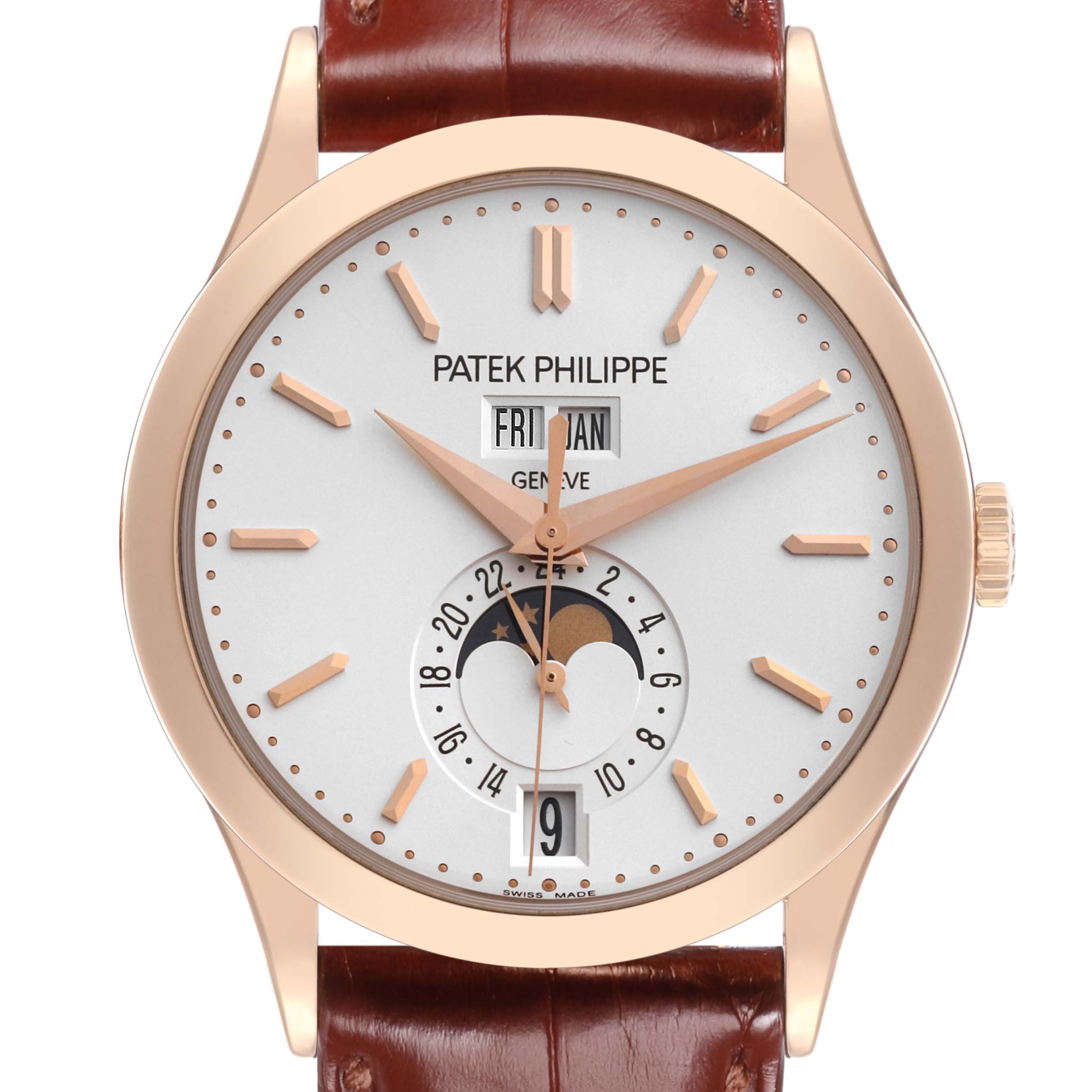 The image shows a front view of the Patek Philippe Complications 5396R-011 Men
s Rose Gold Silver Dial 5396R-011 Men
s Rose Gold Silver Dial watch, showcasing its dial, hour markers, and leather strap.