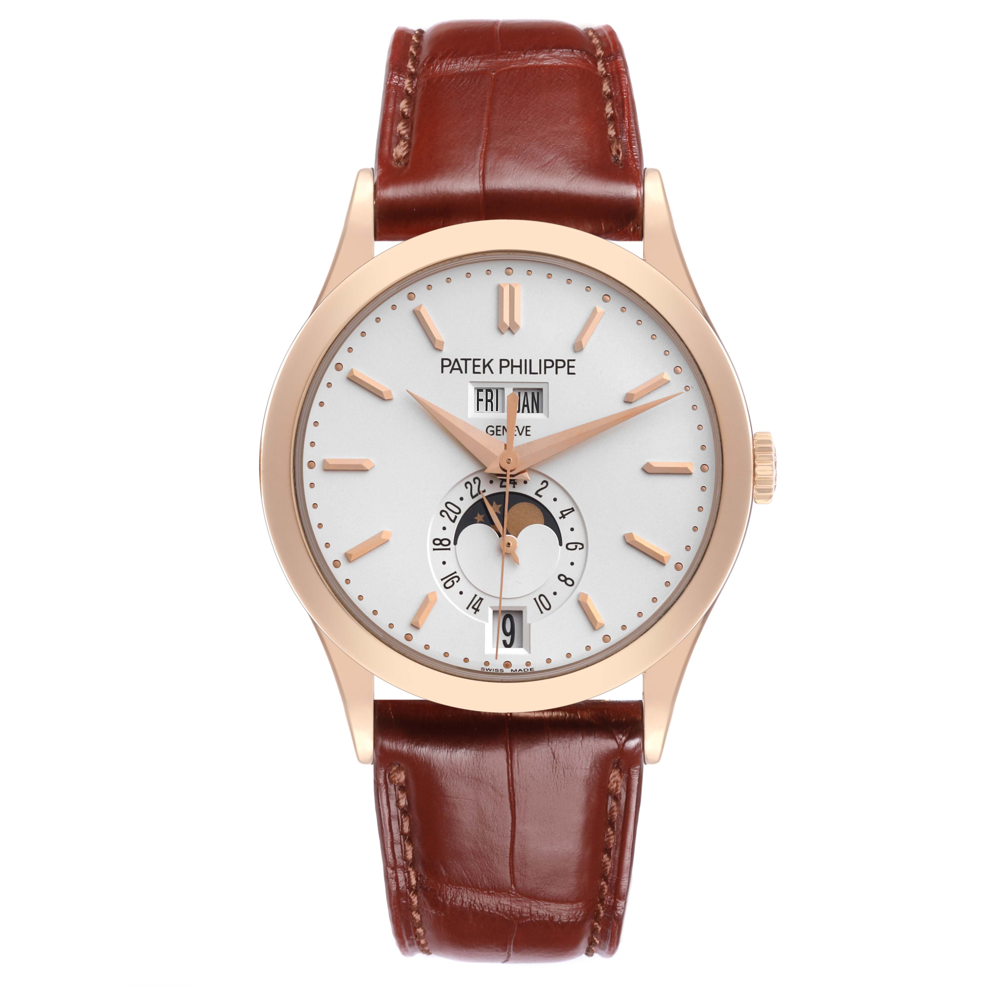 The image shows a frontal view of the Patek Philippe Complications 5396R-011 Men
s Rose Gold Silver Dial 5396R-011 Men
s Rose Gold Silver Dial watch, highlighting the dial, hands, and leather strap.