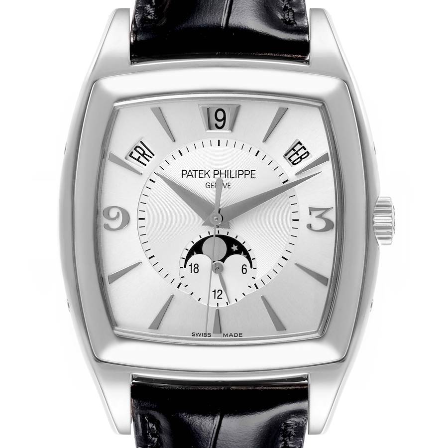 The image shows a frontal view of the Patek Philippe Gondolo watch, highlighting its dial, hands, date, and moon phase.