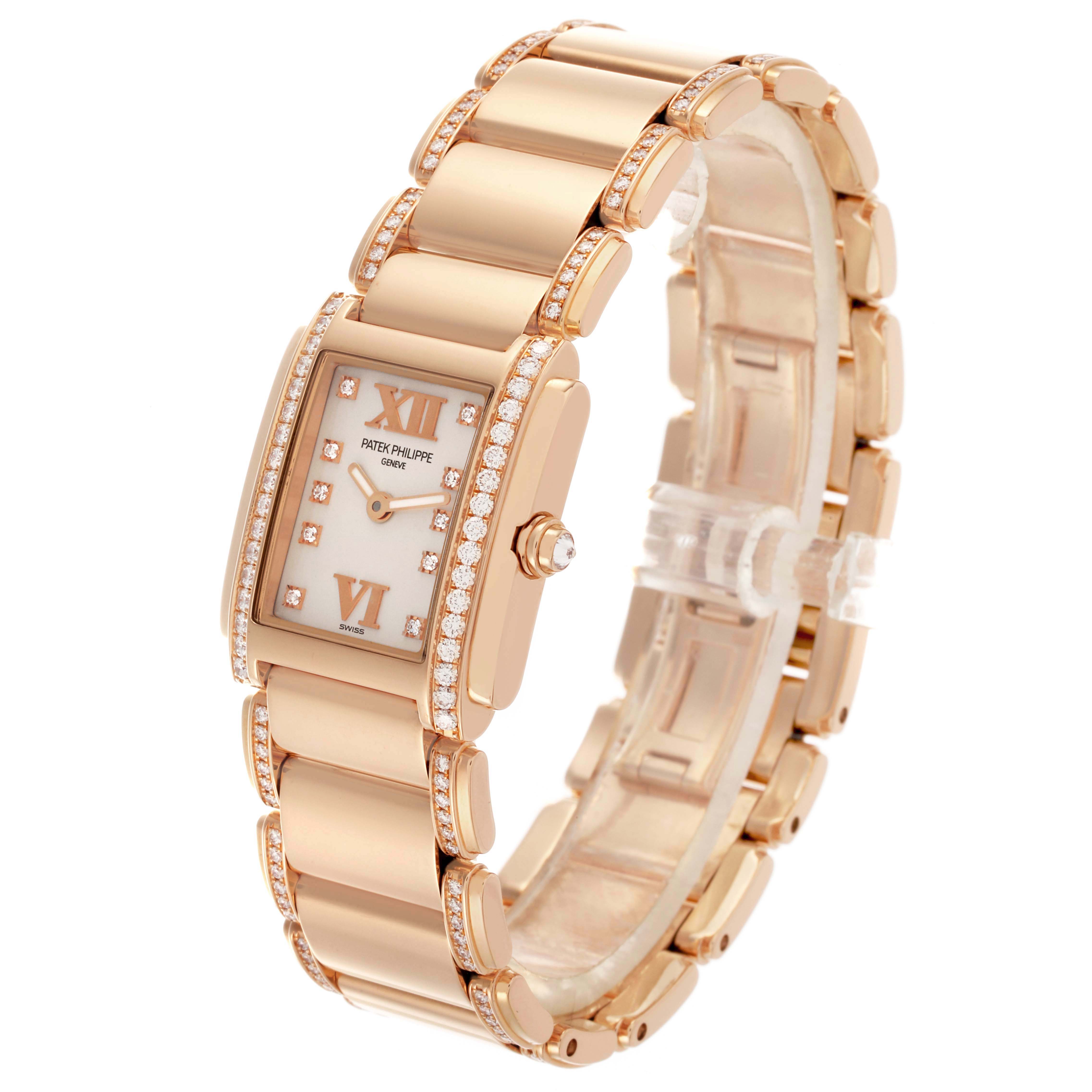 The Patek Philippe Twenty-4 4908/30R-011 Women's Rose Gold Silver Dial 4908/30R-011 Women's Rose Gold Silver Dial watch is shown at an angled side view, highlighting the face, case, and bracelet.