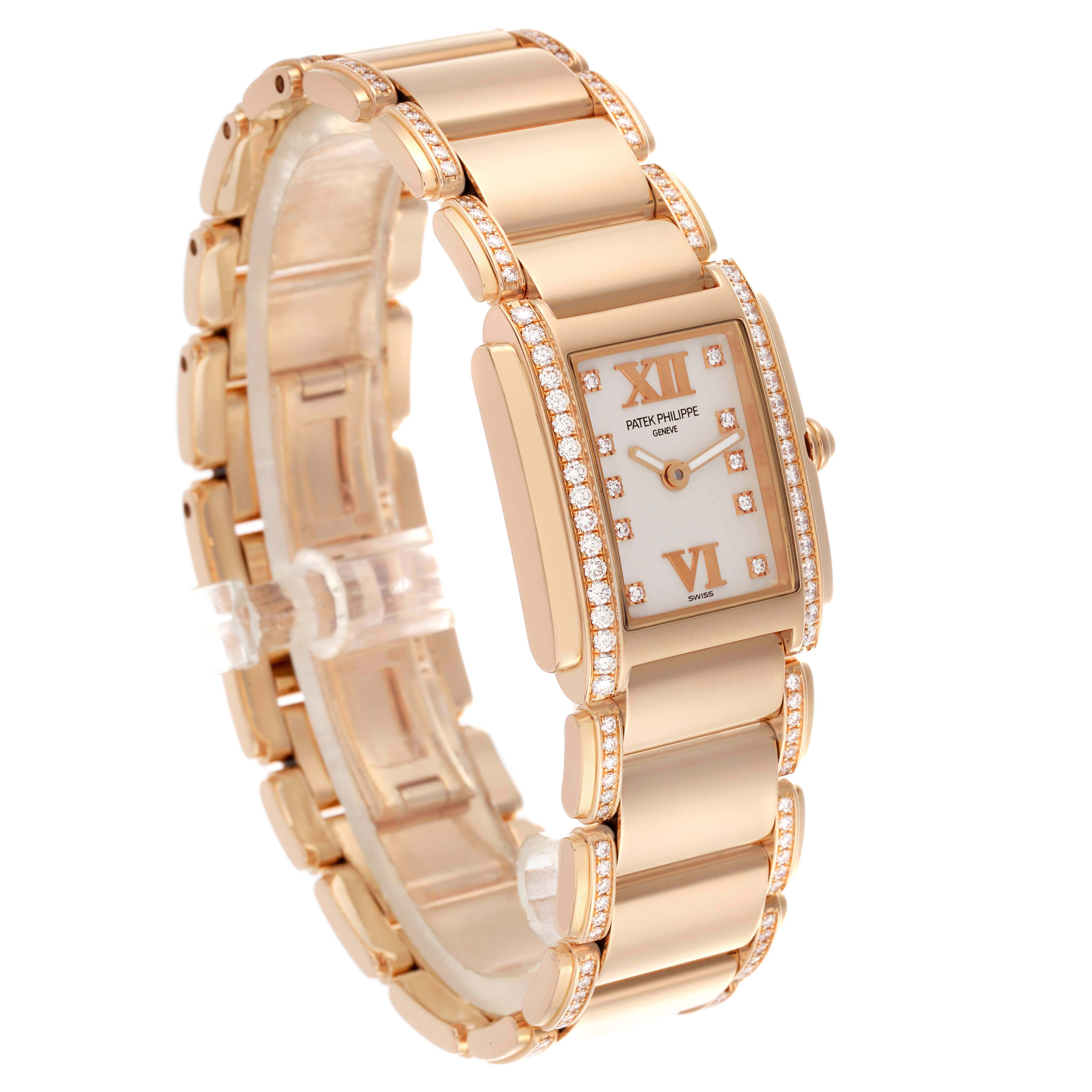 This Patek Philippe Twenty-4 4908/30R-011 Women's Rose Gold Silver Dial 4908/30R-011 Women's Rose Gold Silver Dial watch is shown at a slight angle, displaying the face, bracelet, and jewel accents.