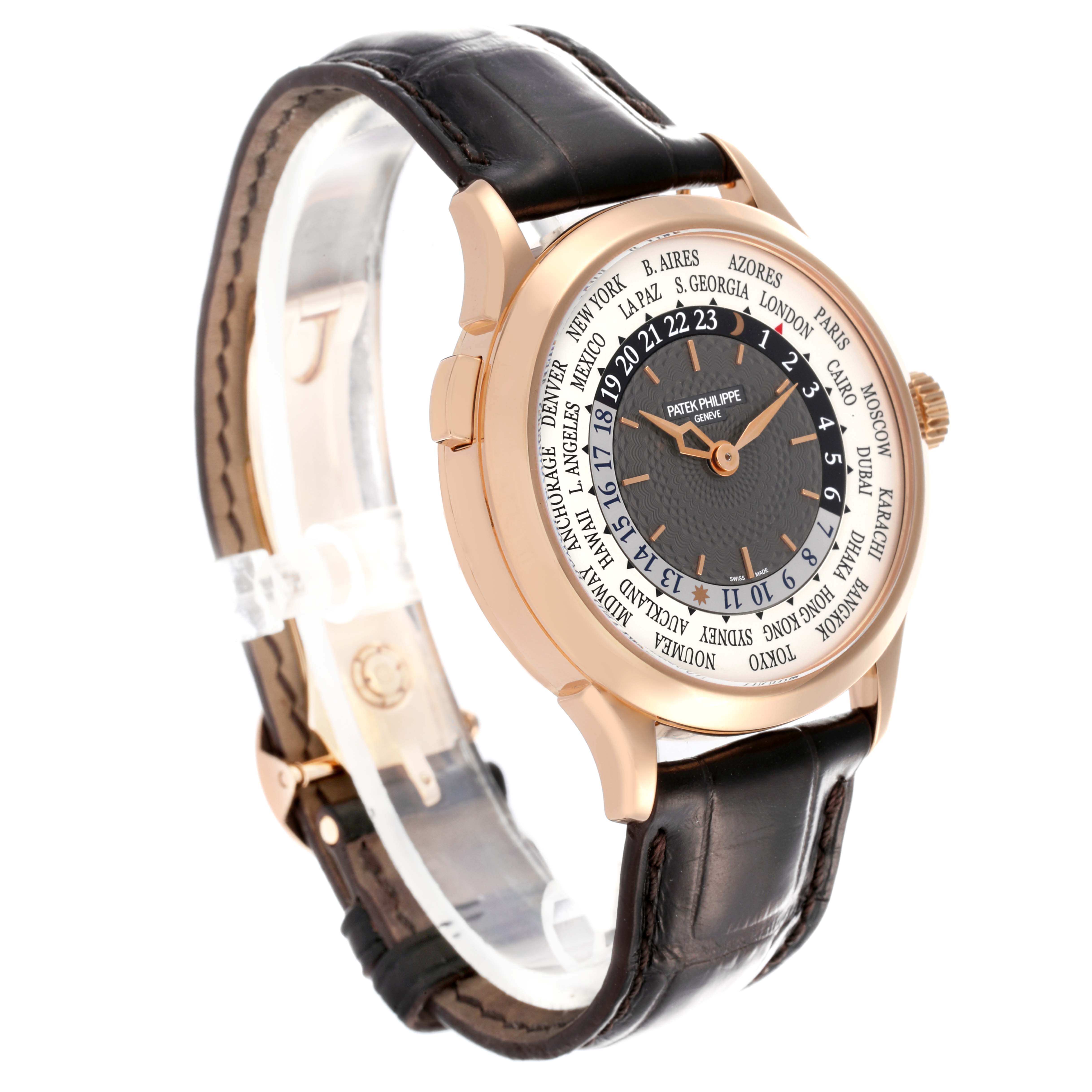 The Patek Philippe Complications 5230R-001 Men's Rose Gold Silver Dial 5230R-001 Men's Rose Gold Silver Dial watch is shown at a three-quarter angle, displaying the face, bezel, and leather strap.