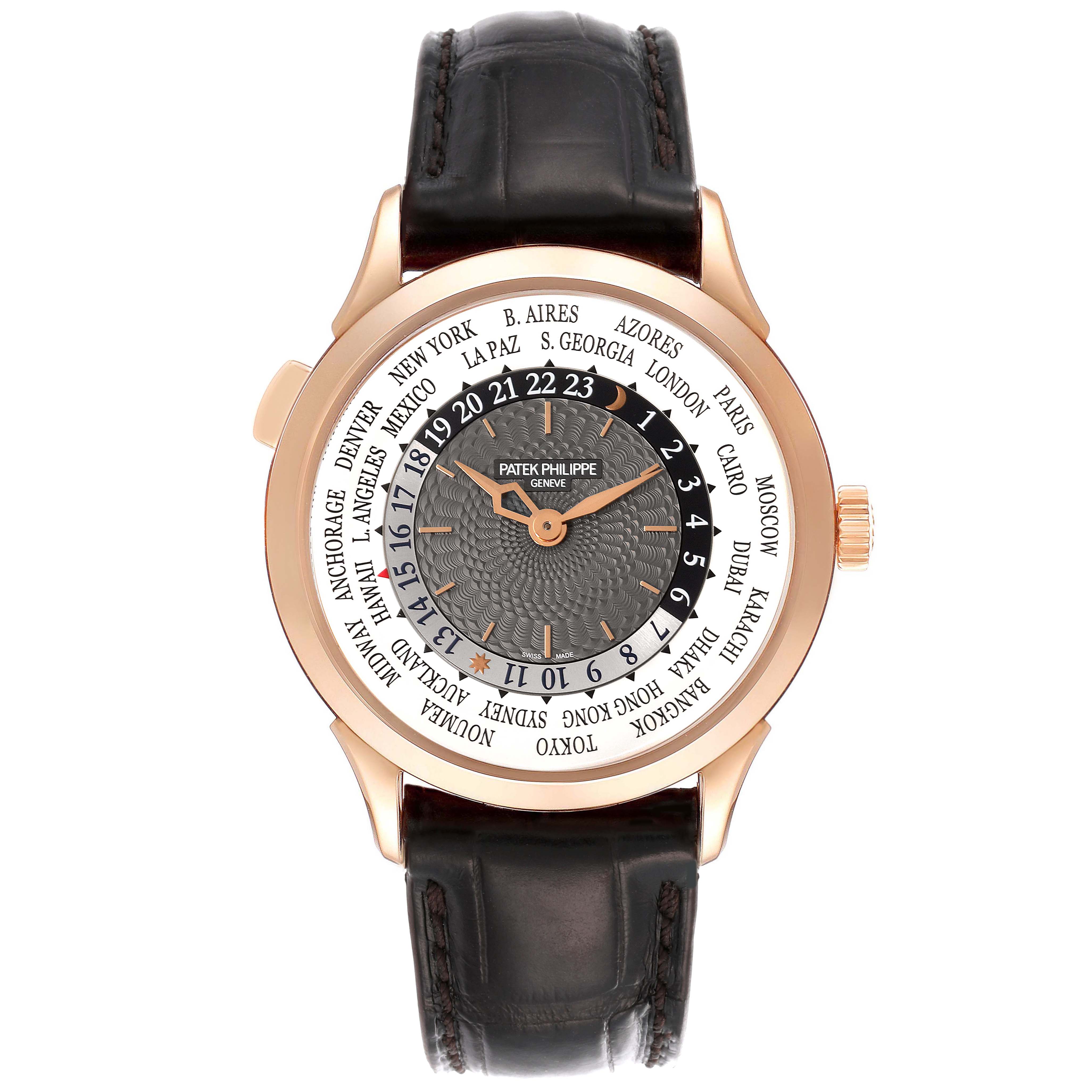 This Patek Philippe Complications 5230R-001 Men's Rose Gold Silver Dial 5230R-001 Men's Rose Gold Silver Dial watch is shown from a top-down angle displaying the full face, hands, and leather strap.