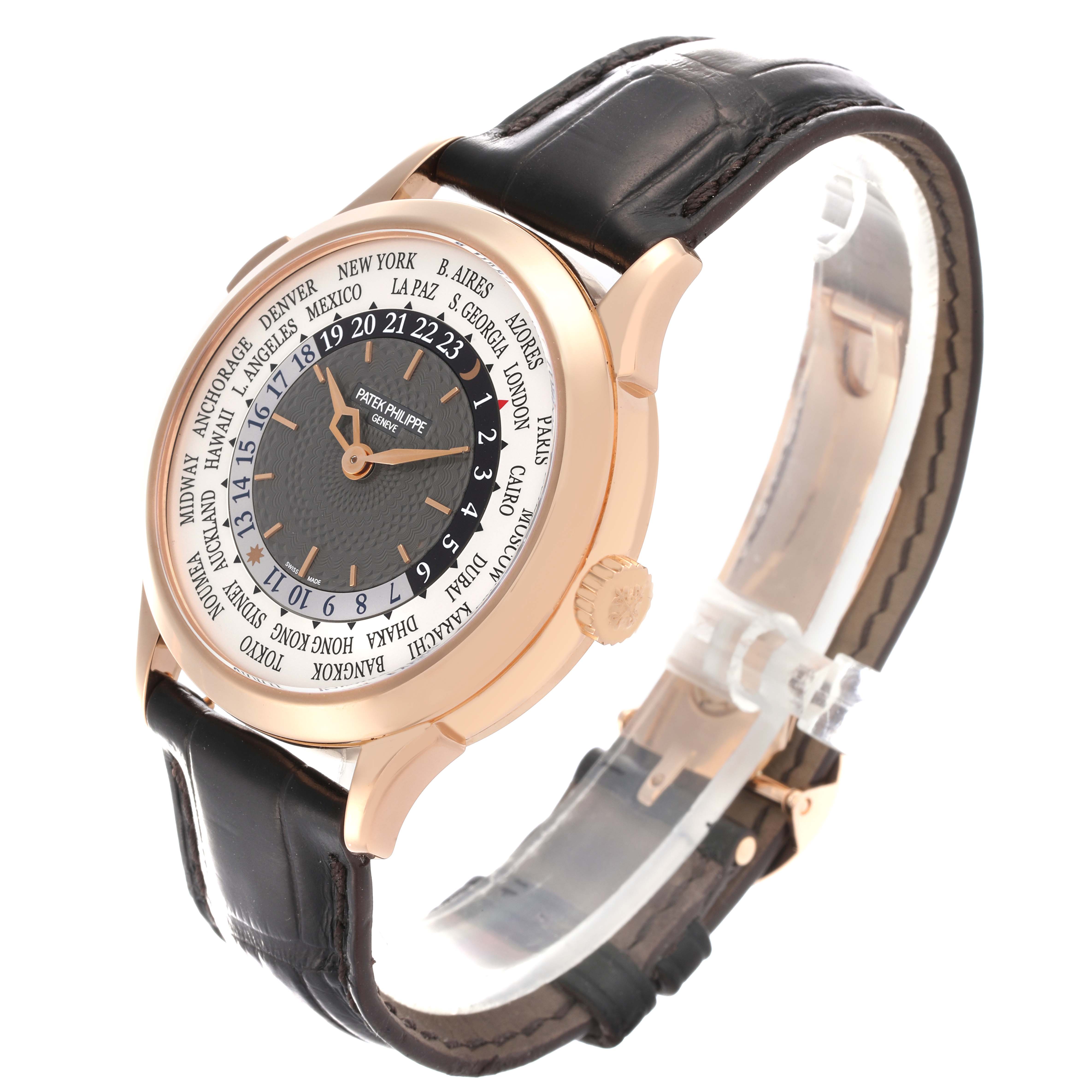 The Patek Philippe Complications 5230R-001 Men's Rose Gold Silver Dial 5230R-001 Men's Rose Gold Silver Dial watch is shown at a three-quarter angle, displaying the face, case, and leather strap.