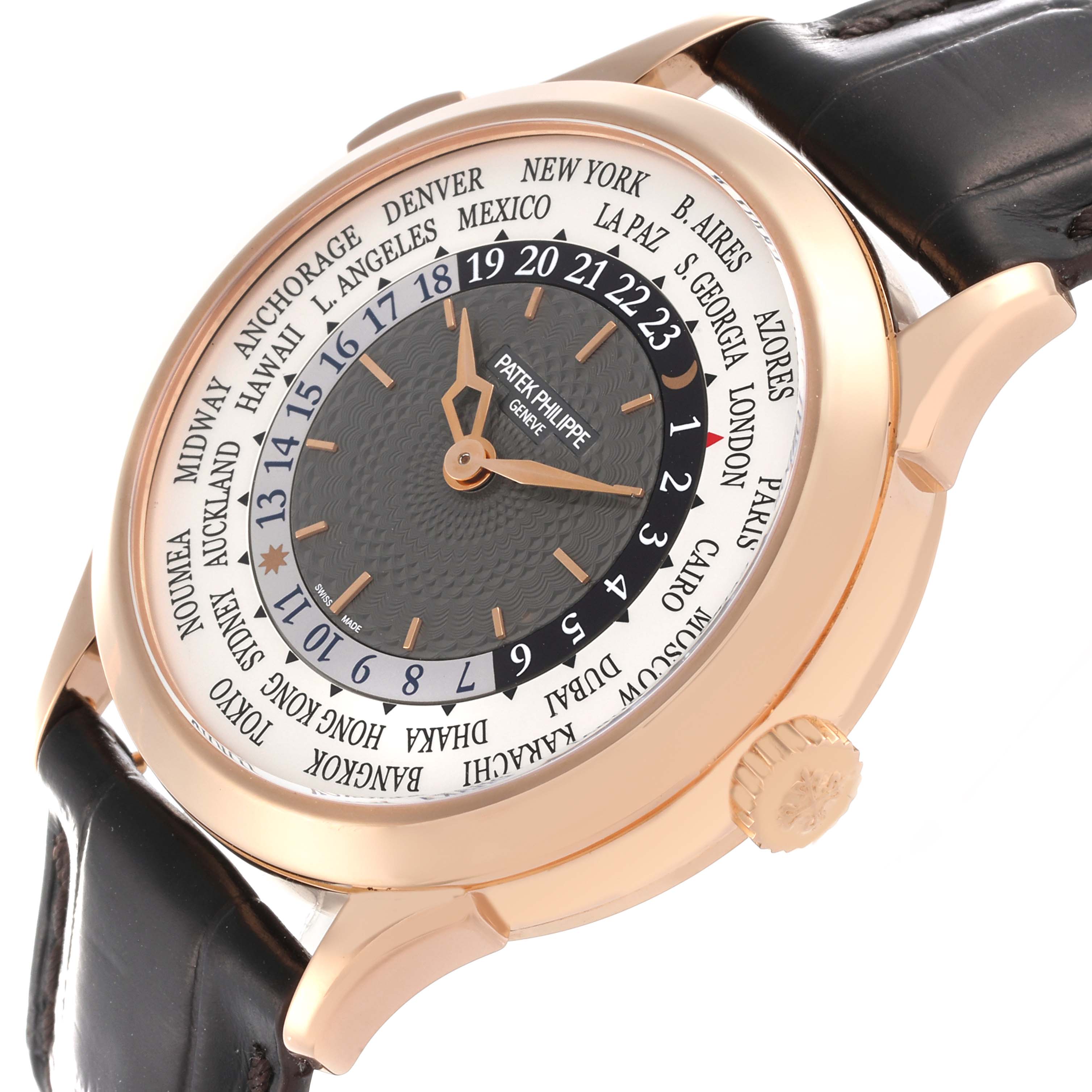 The Patek Philippe Complications 5230R-001 Men's Rose Gold Silver Dial 5230R-001 Men's Rose Gold Silver Dial watch is shown at an angled side view, highlighting the dial, bezel, crown, and strap.