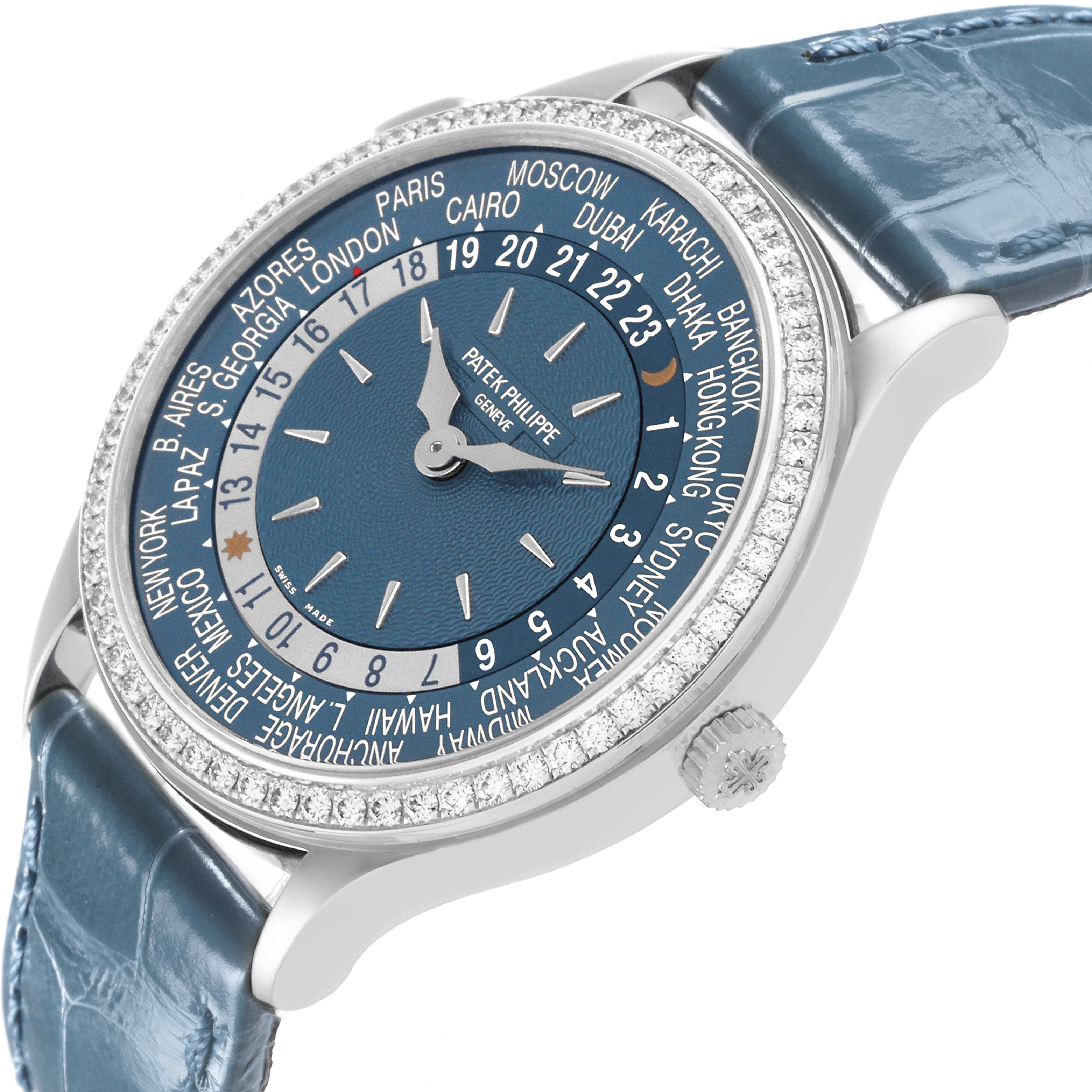The Patek Philippe Complications 7130G-014 Men's White Gold Blue Dial model is shown at a slight side angle, featuring the bezel, dial, crown, and strap.