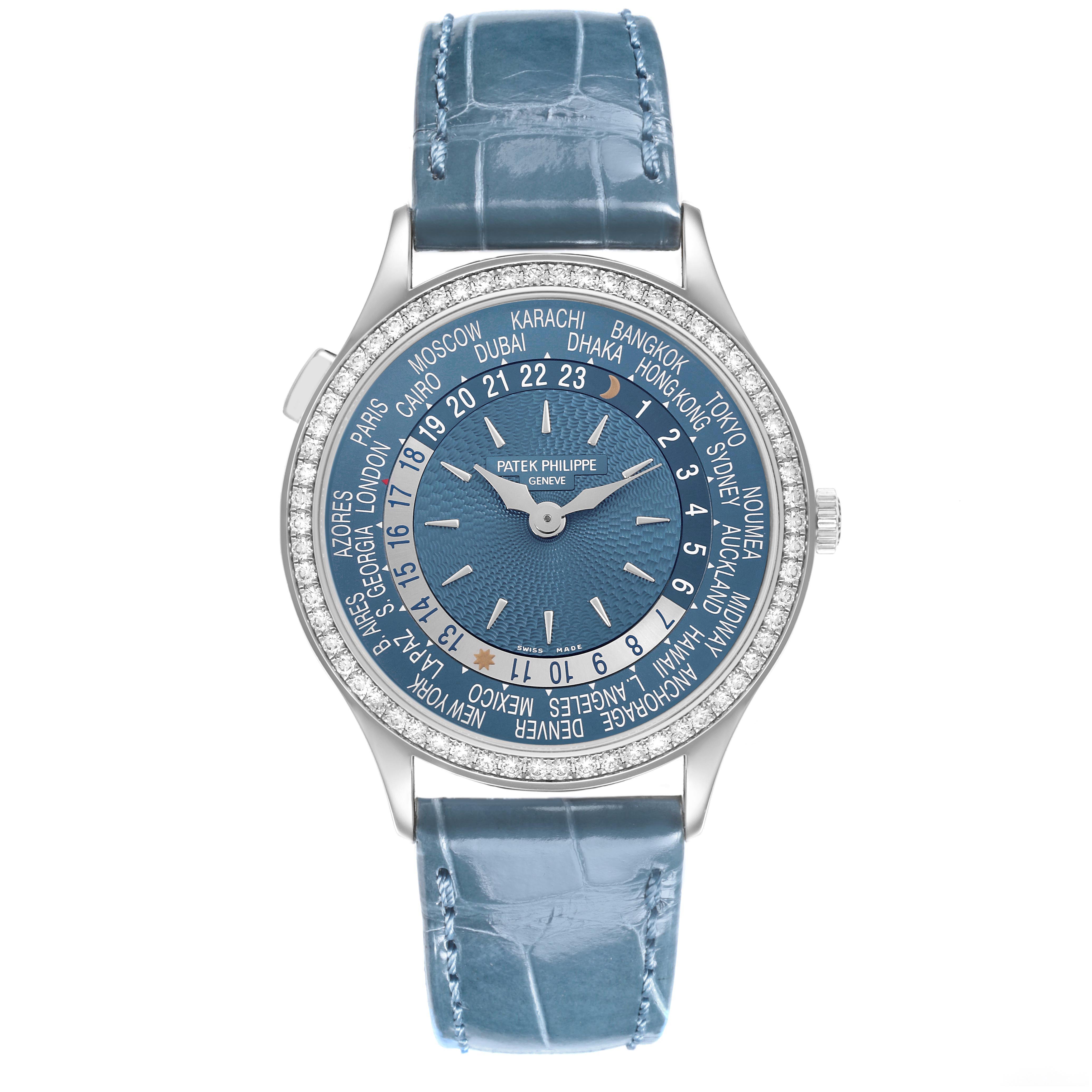 The Patek Philippe Complications 7130G-014 Men's White Gold Blue Dial is shown from a top-down angle, highlighting the dial and leather strap.