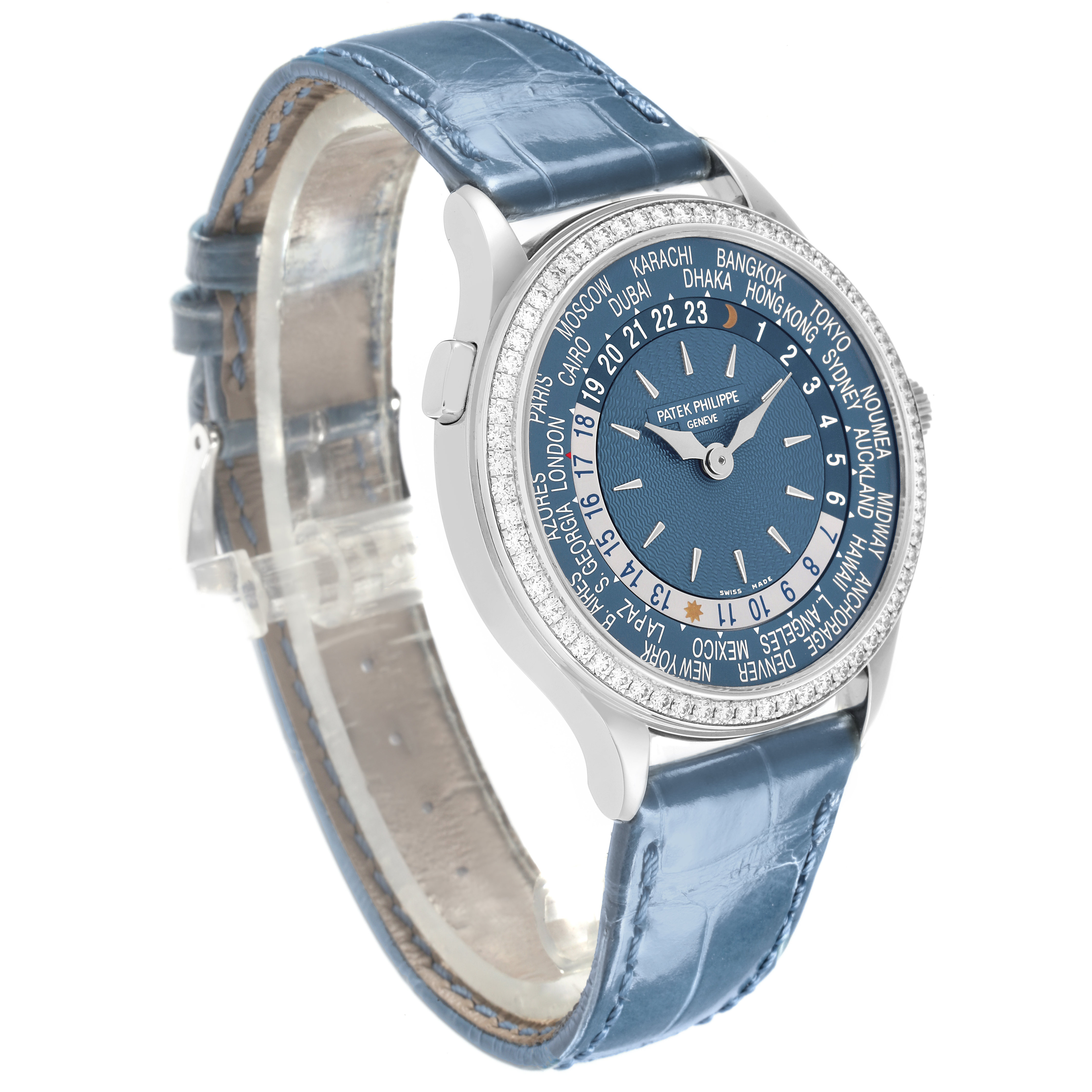 The Patek Philippe Complications 7130G-014 Men's White Gold Blue Dial watch is shown at a slight angle, revealing the face, case, and blue leather strap.