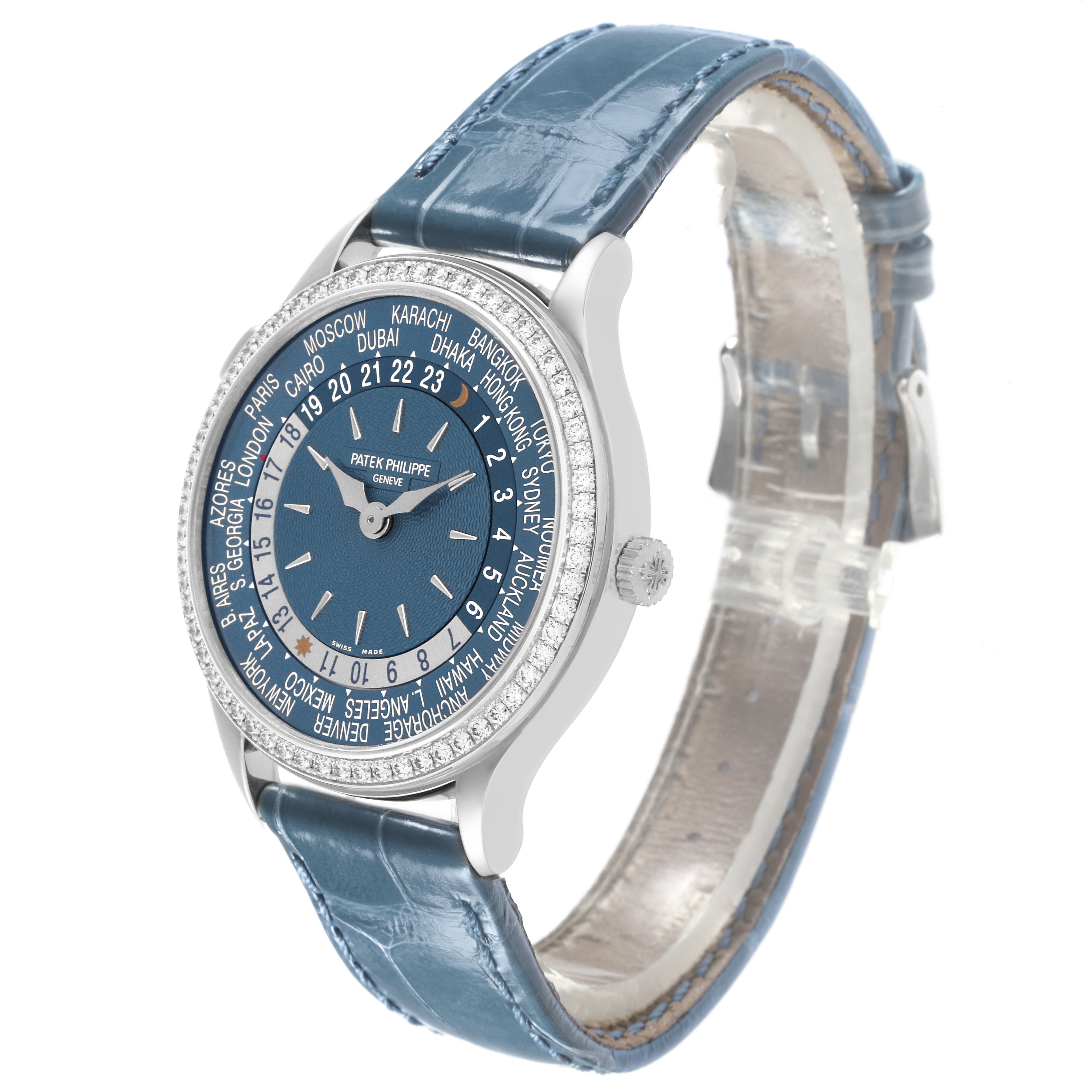The Patek Philippe Complications 7130G-014 Men's White Gold Blue Dial watch is shown at a slight angle, highlighting the face, bezel, and blue leather strap.