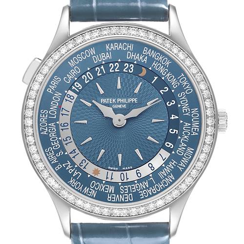 The image shows a frontal view of the Patek Philippe Complications 7130G-014 Men's White Gold Blue Dial watch, highlighting its blue dial, city ring, and diamond bezel.