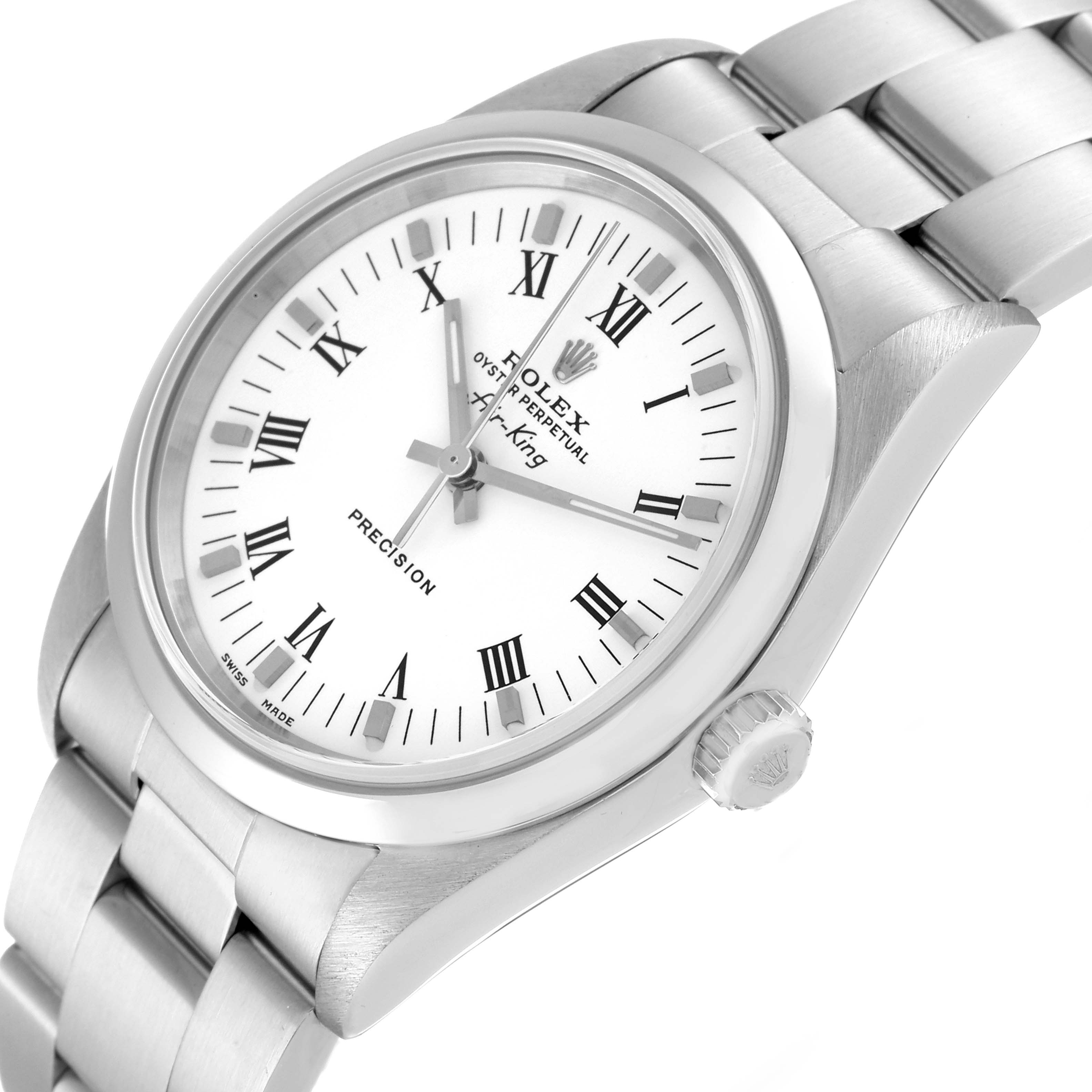 This image shows a close-up, angled view of the dial and part of the stainless steel bracelet of the Rolex Air-King 14000 Men's Stainless Steel White Dial 14000 Men's Stainless Steel White Dial watch.