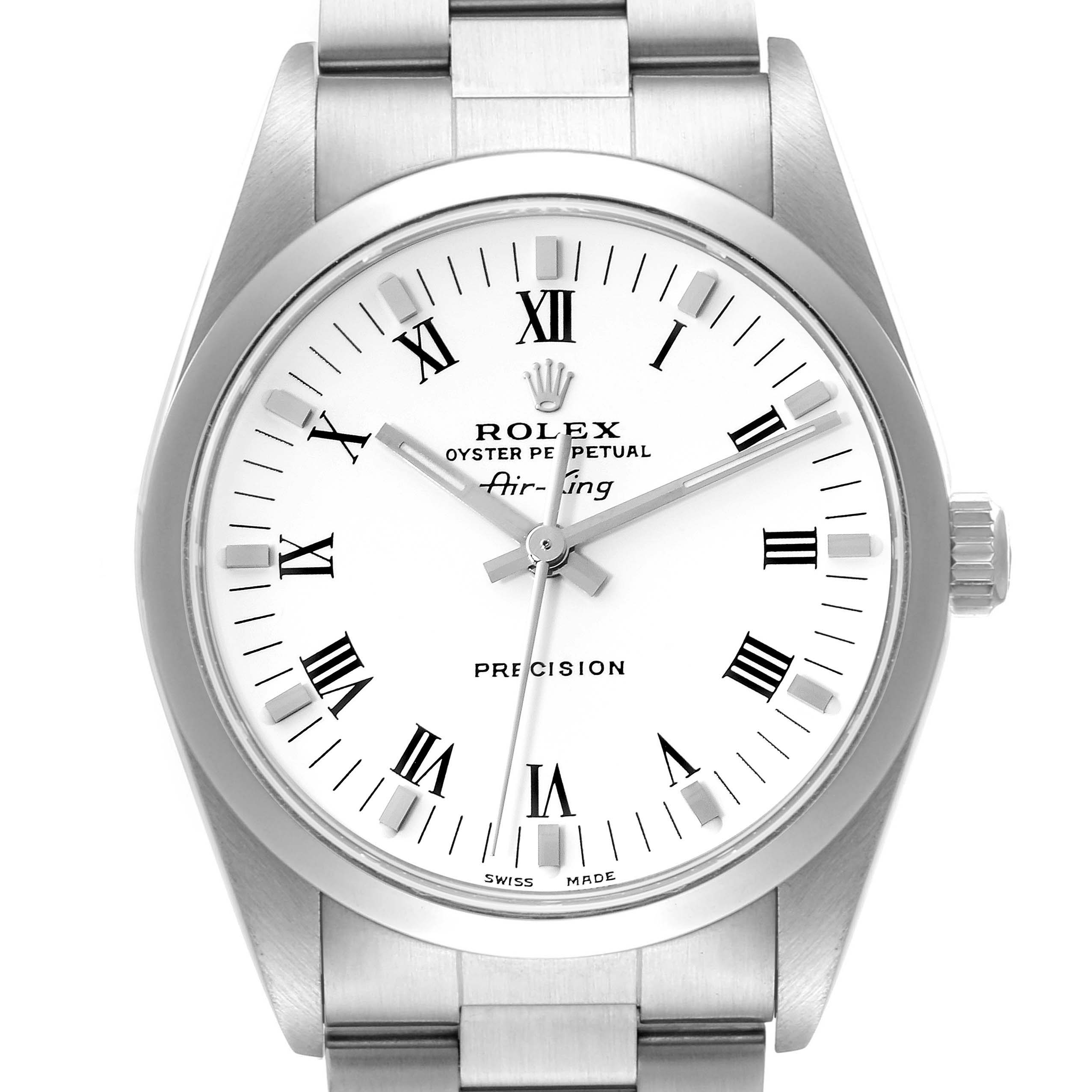 The image shows a frontal view of the Rolex Air-King 14000 Men's Stainless Steel White Dial 14000 Men's Stainless Steel White Dial watch, highlighting its dial, bezel, and part of the bracelet.