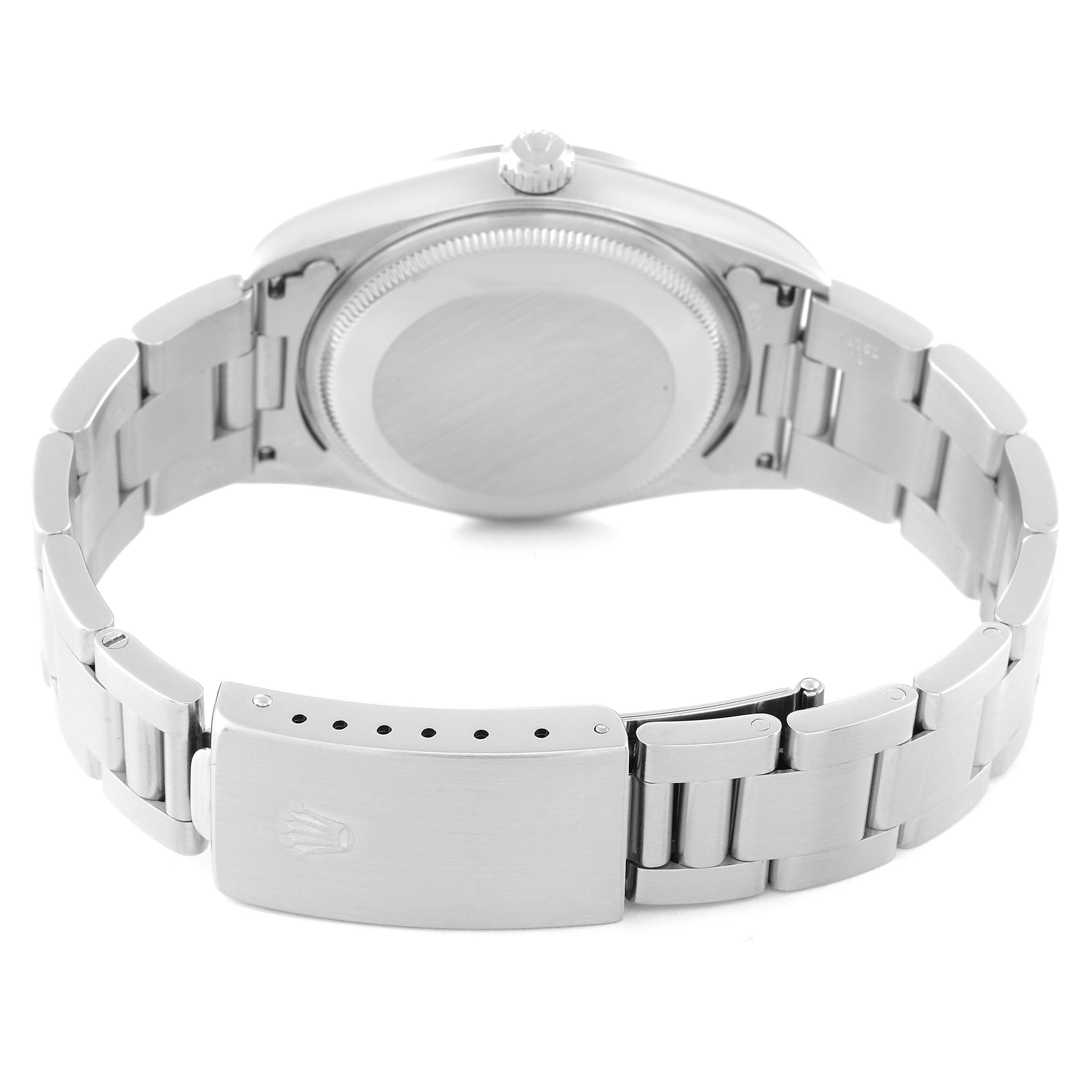 This image shows the back view of a Rolex Air-King 14000 Men's Stainless Steel White Dial 14000 Men's Stainless Steel White Dial, highlighting its bracelet and clasp.