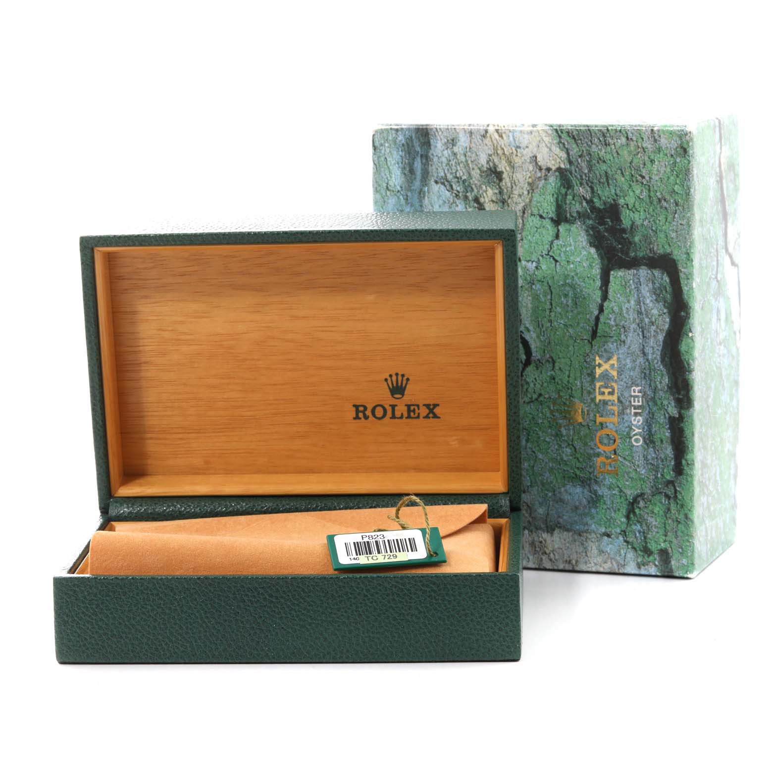 The image shows an empty Rolex Air-King 14000 Men's Stainless Steel White Dial 14000 Men's Stainless Steel White Dial watch box with its original packaging and tag, viewed from the front.