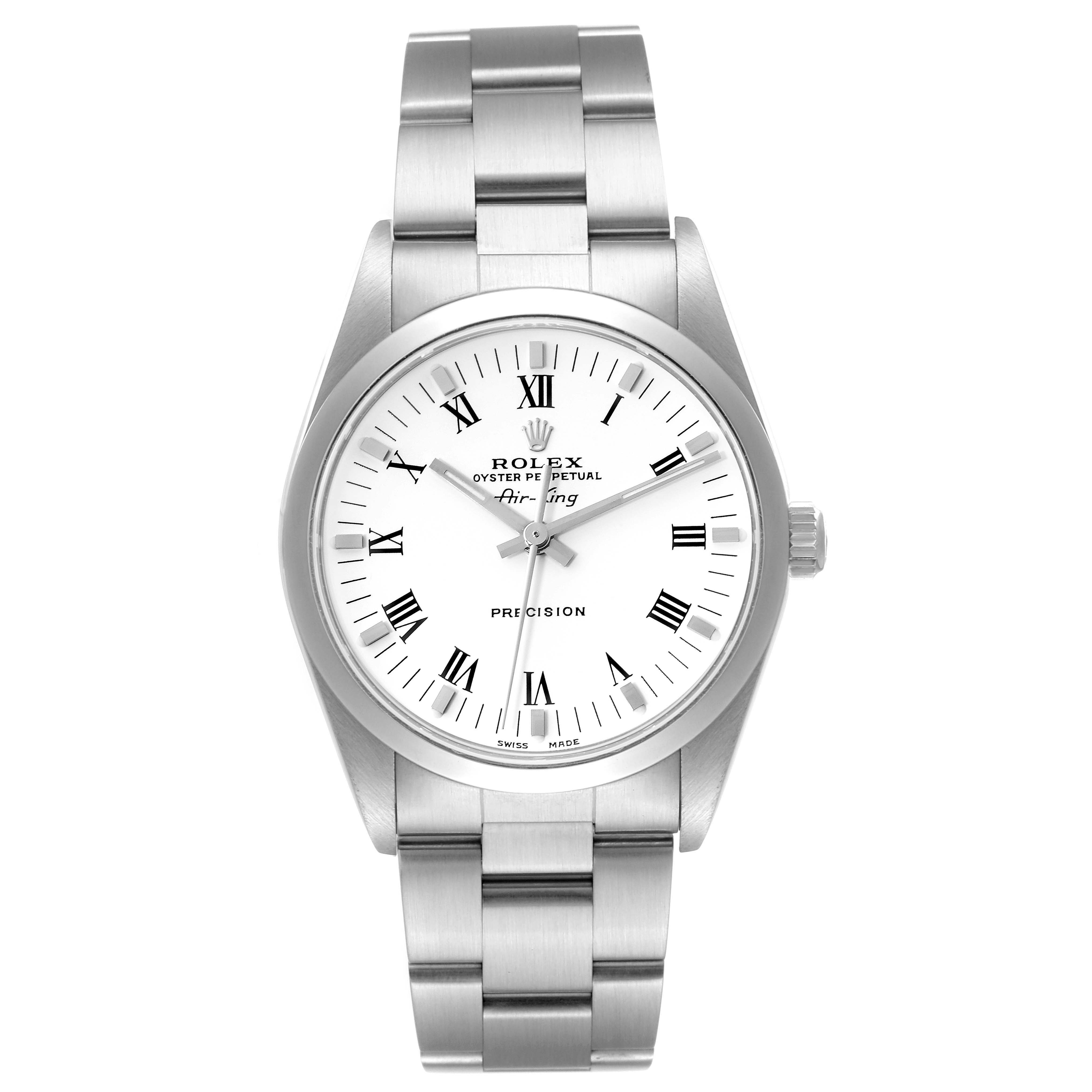 This is a front view of the Rolex Air-King 14000 Men's Stainless Steel White Dial 14000 Men's Stainless Steel White Dial watch highlighting its face, bezel, crown, and stainless steel bracelet.
