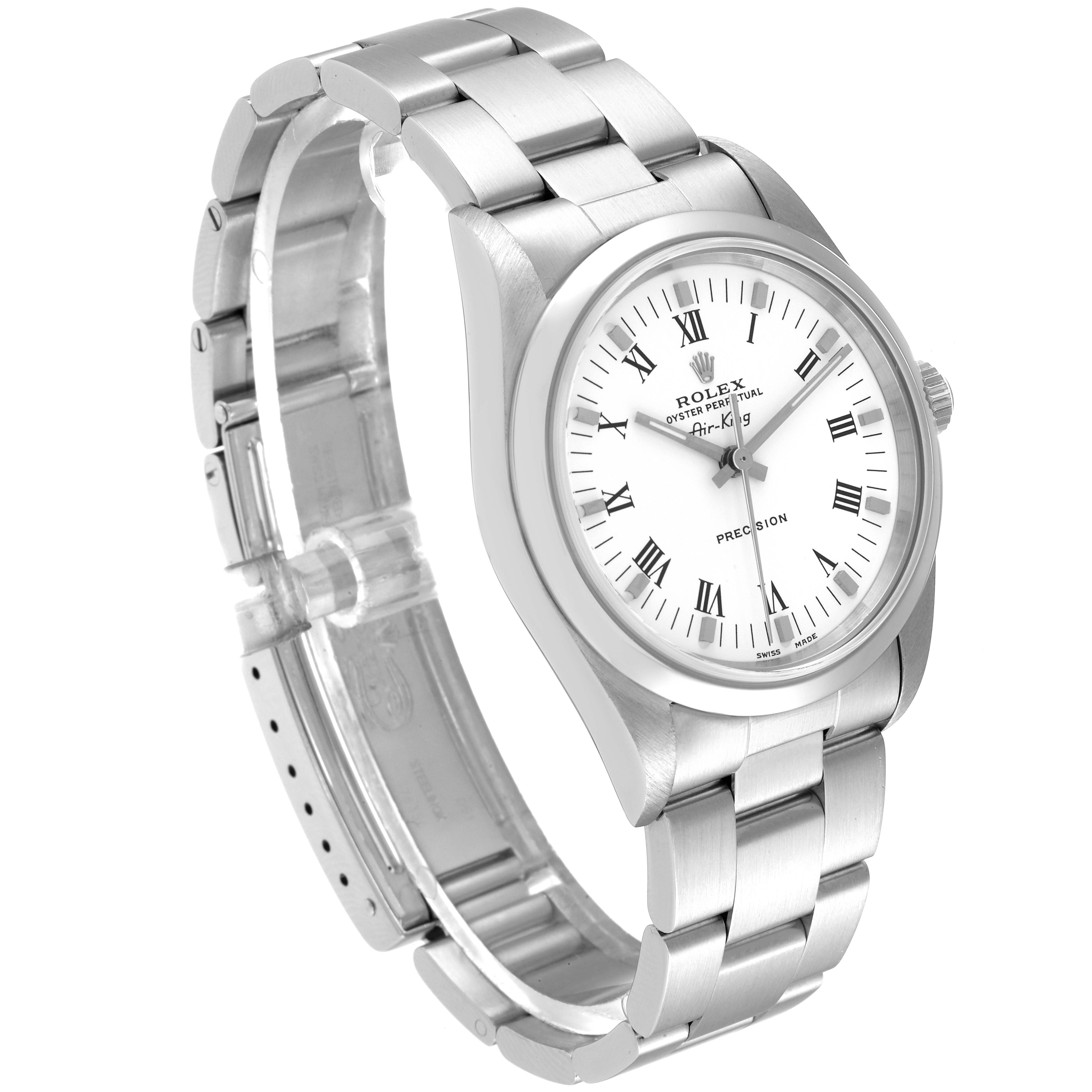 The Rolex Air-King 14000 Men's Stainless Steel White Dial 14000 Men's Stainless Steel White Dial watch is shown at a slight angle, highlighting the face, bezel, and part of the bracelet.