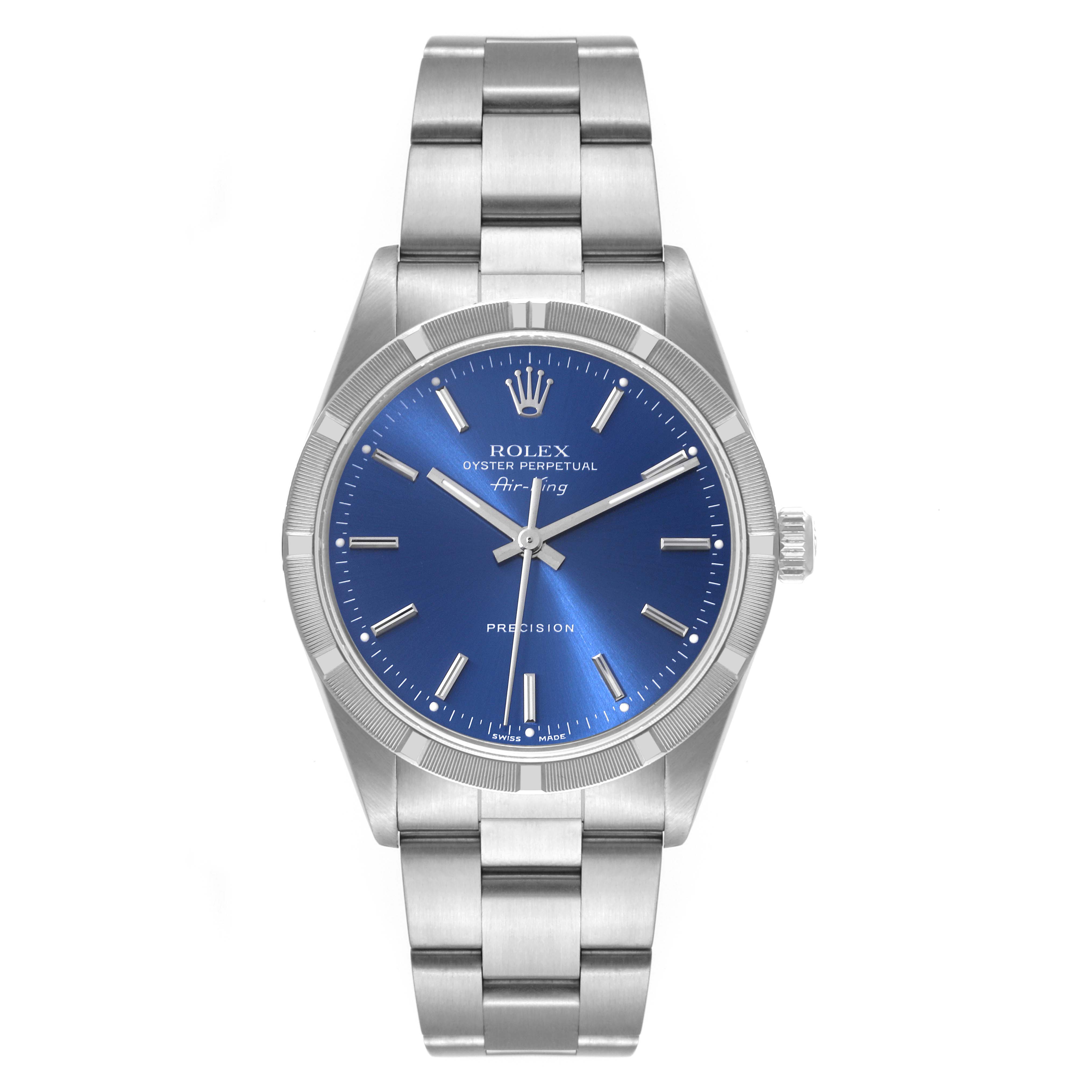 The image shows a front view of the Rolex Air-King 14010 Men's Stainless Steel Blue Dial 14010 Men's Stainless Steel Blue Dial watch, featuring its blue dial, bezel, crown, and stainless steel bracelet.