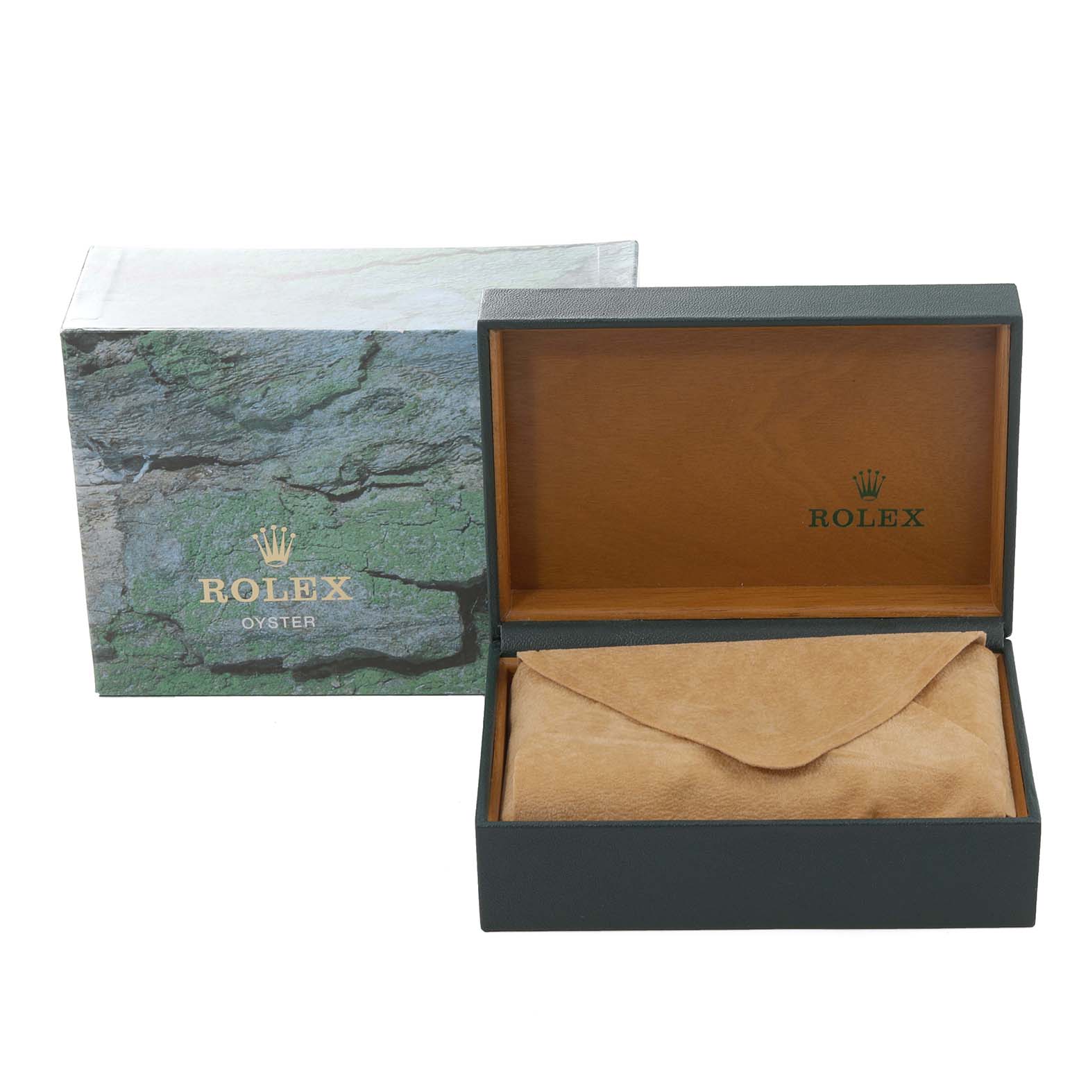 The image shows the outer box, inner wooden box, and a suede pouch for the Rolex Air-King 14010 Men's Stainless Steel Blue Dial 14010 Men's Stainless Steel Blue Dial watch.