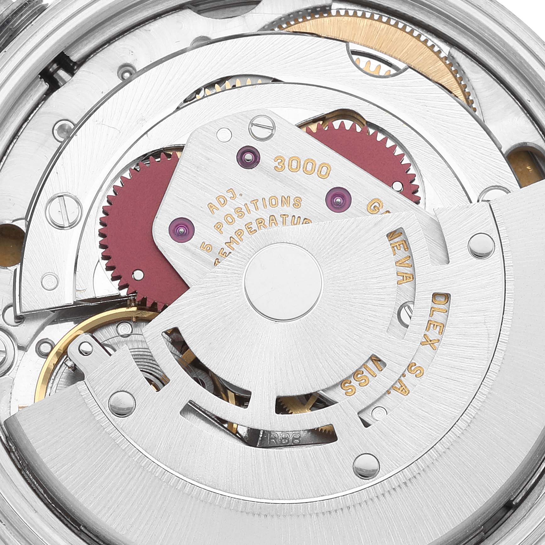 This image shows a close-up view of the internal movement mechanism of a Rolex Air-King 14010 Men's Stainless Steel Blue Dial 14010 Men's Stainless Steel Blue Dial watch.