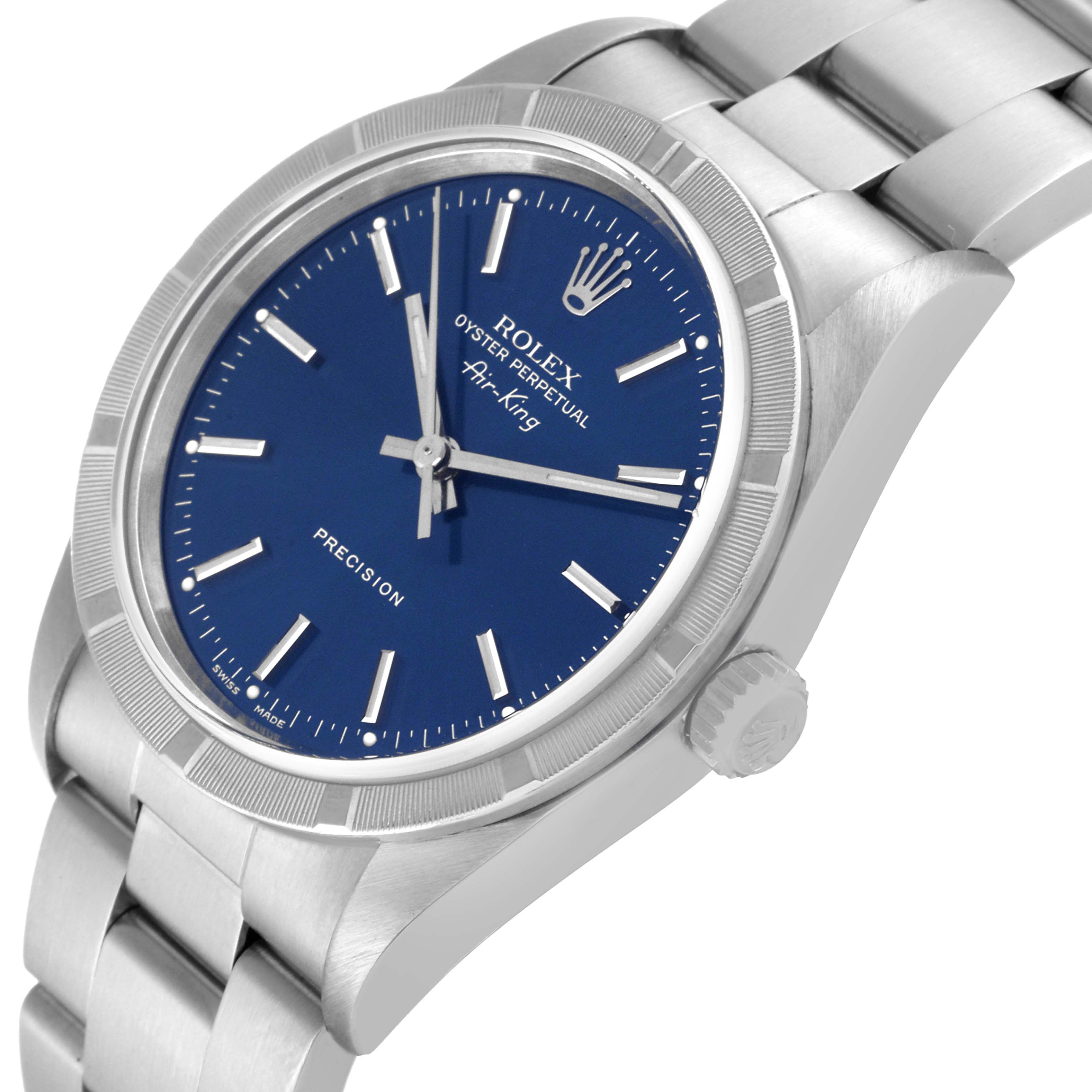 The image shows the Rolex Air-King 14010 Men's Stainless Steel Blue Dial 14010 Men's Stainless Steel Blue Dial watch angled from the top right, displaying the dial, bezel, crown, and part of the bracelet.