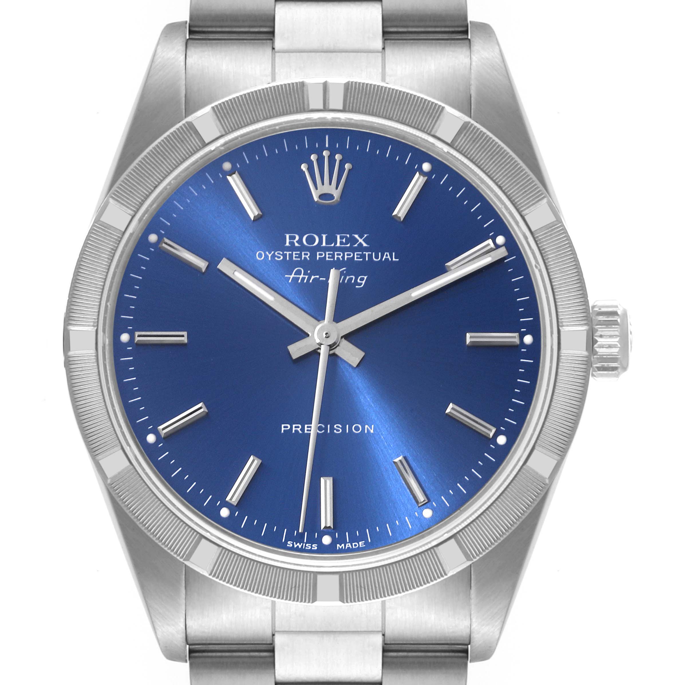This image shows a frontal view of the Rolex Air-King 14010 Men's Stainless Steel Blue Dial 14010 Men's Stainless Steel Blue Dial watch, displaying the blue dial, bezel, and part of the bracelet.