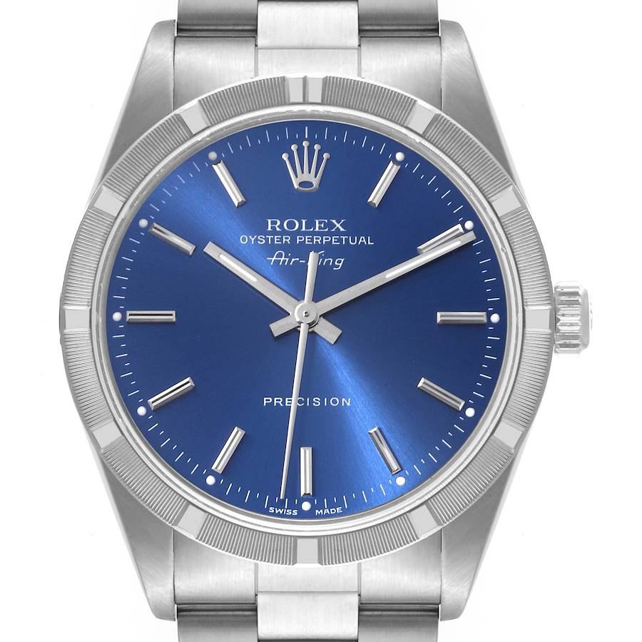 Rolex Air King Engine Turned Bezel Blue Dial Steel Mens Watch 14010 SwissWatchExpo