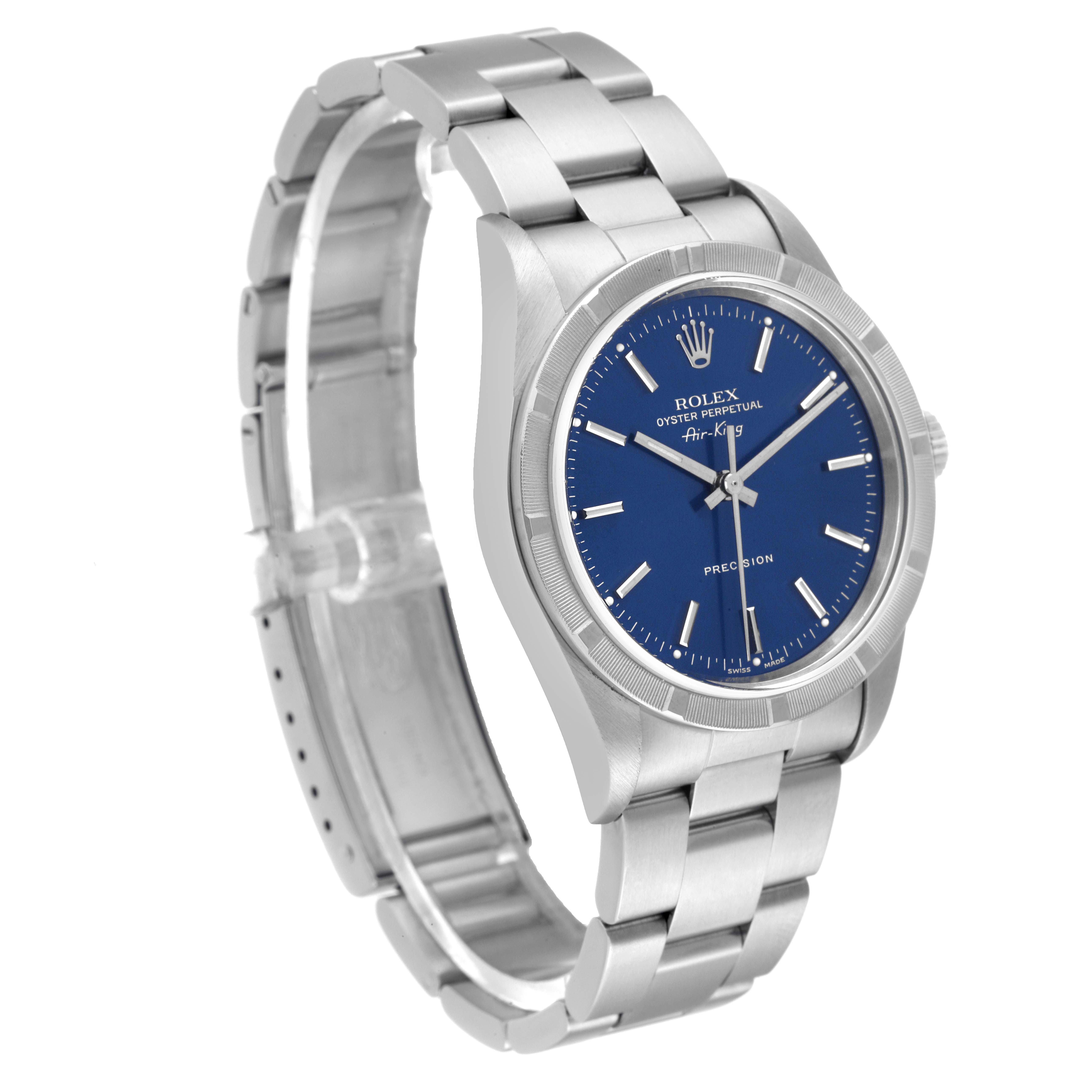 The image shows an angled view of the Rolex Air-King 14010 Men's Stainless Steel Blue Dial 14010 Men's Stainless Steel Blue Dial watch, highlighting the face, bezel, and bracelet.