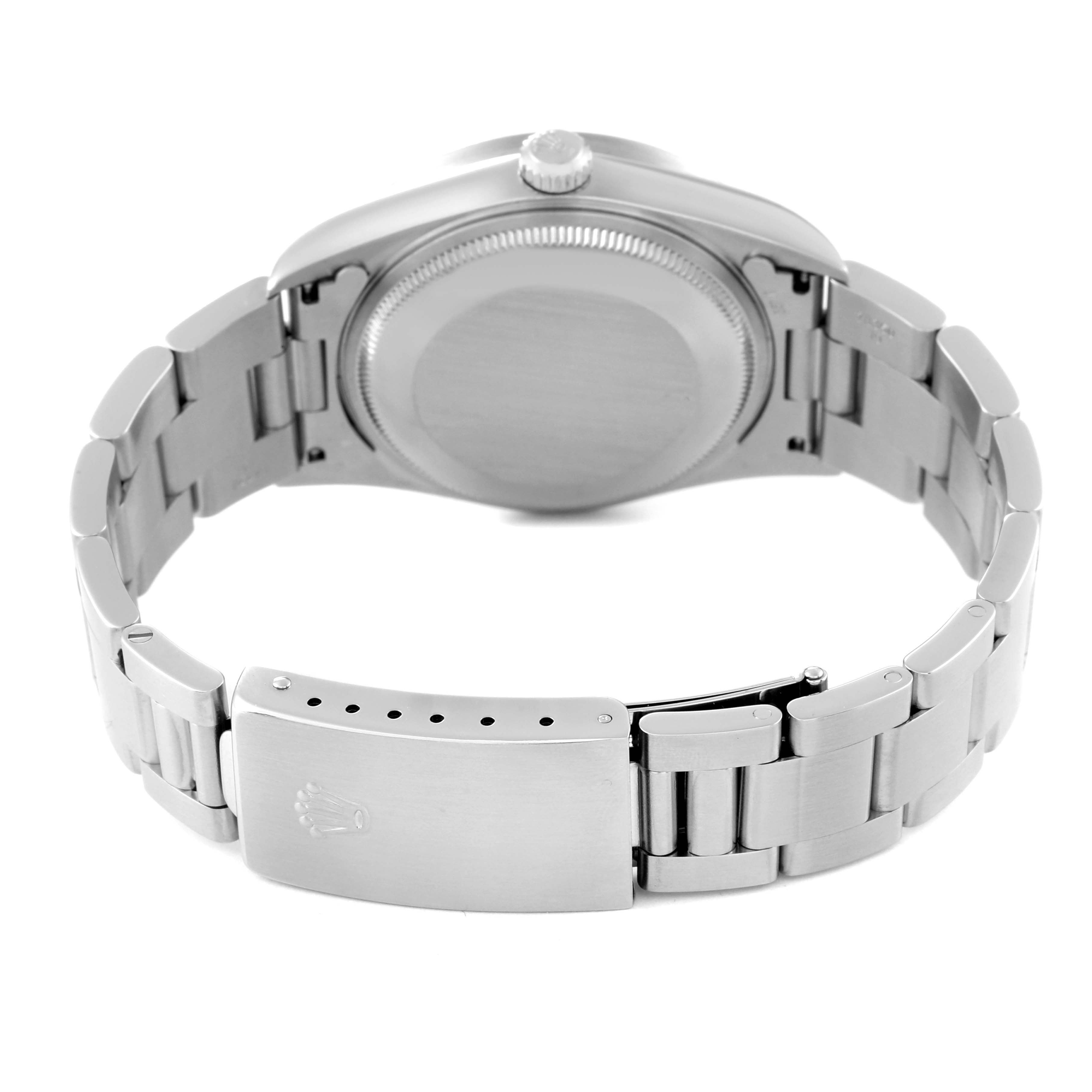 This image shows the back and clasp of a Rolex Air-King 14010 Men's Stainless Steel Blue Dial 14010 Men's Stainless Steel Blue Dial watch from a rear angle.