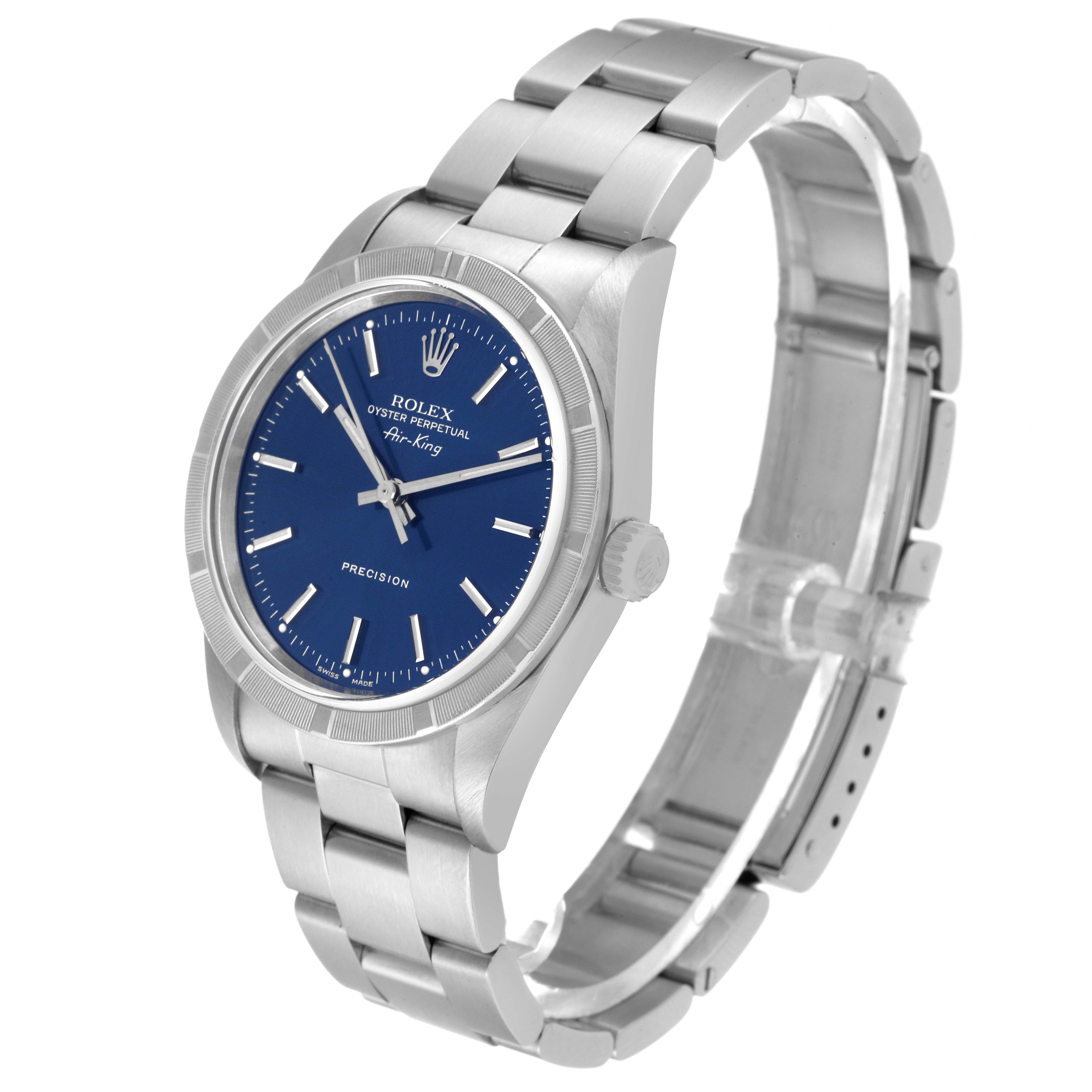 The image shows a Rolex Air-King 14010 Men's Stainless Steel Blue Dial 14010 Men's Stainless Steel Blue Dial watch at a high-angle, showcasing its blue dial, case, and metal bracelet.