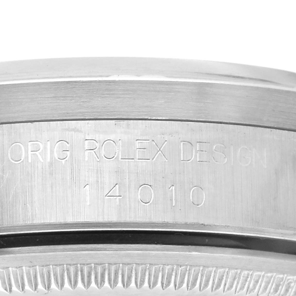 The image shows a side view of the case edge of the Rolex Air-King 14010 Men's Stainless Steel Blue Dial 14010 Men's Stainless Steel Blue Dial, displaying the model engraving "14010."