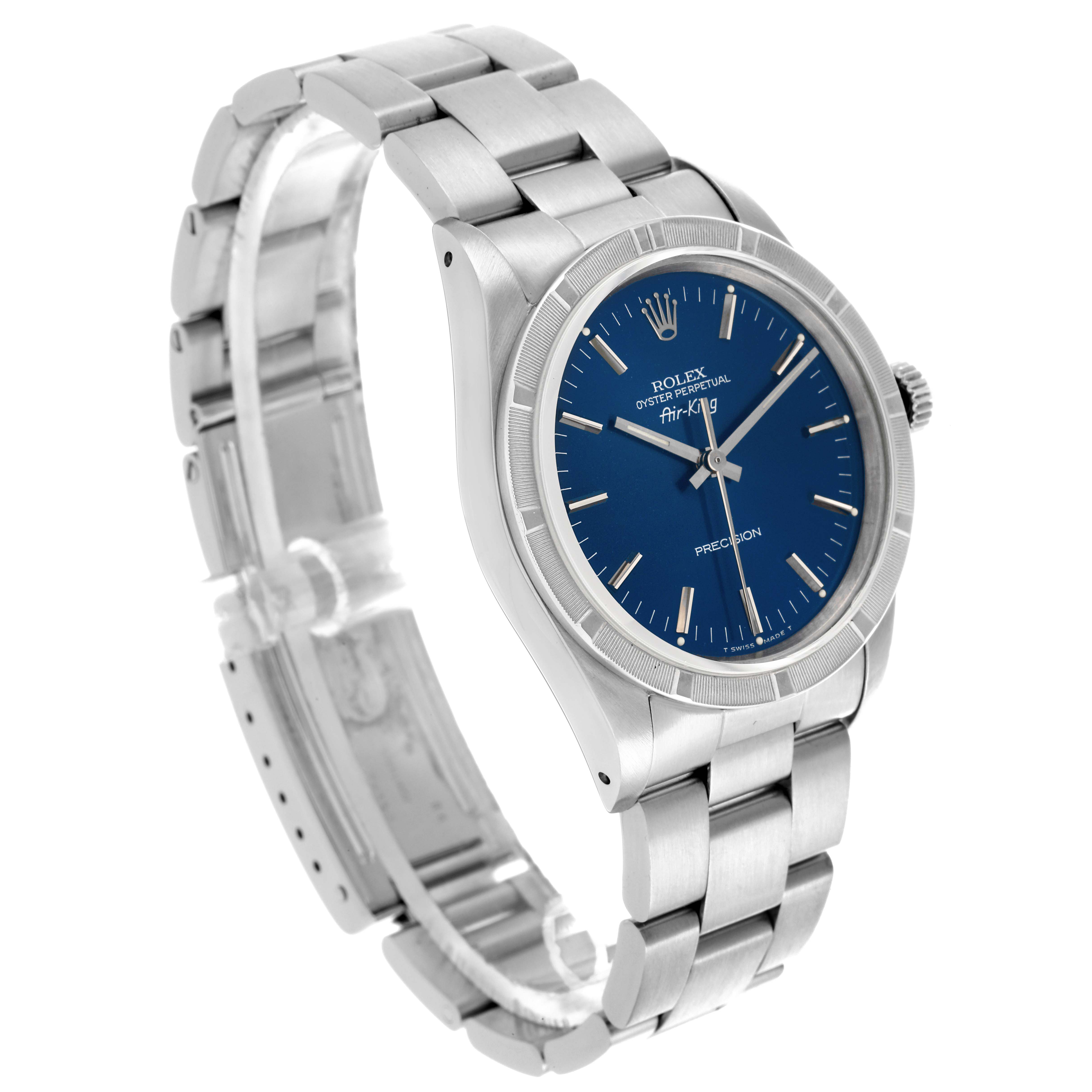 The Rolex Air-King 14010 Men's Stainless Steel Blue Dial 14010 Men's Stainless Steel Blue Dial is shown at a three-quarter angle, highlighting the blue face, bezel, crown, and bracelet.
