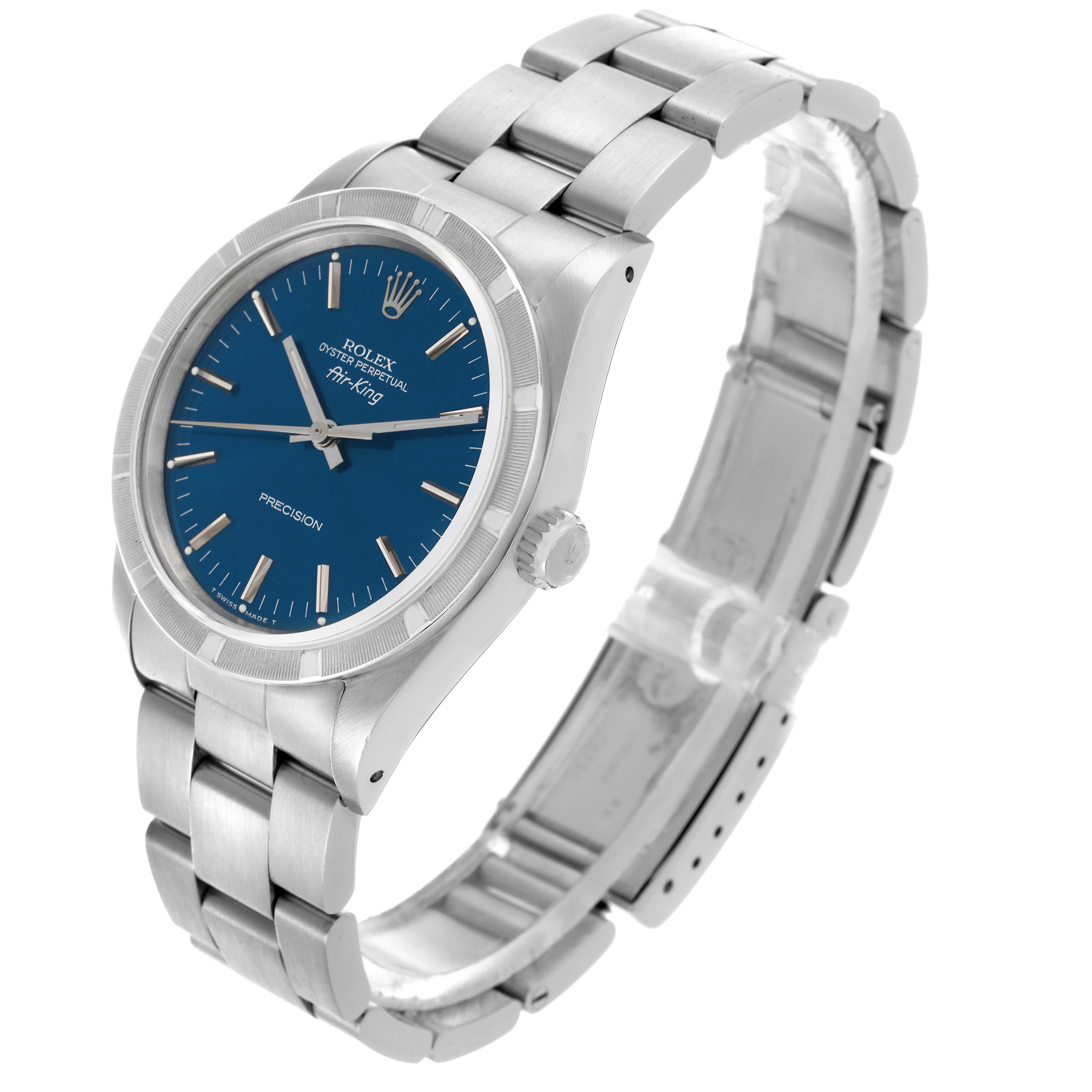 The Rolex Air-King 14010 Men's Stainless Steel Blue Dial 14010 Men's Stainless Steel Blue Dial watch is shown from a three-quarter angle, displaying the face, bezel, case, bracelet, and crown.