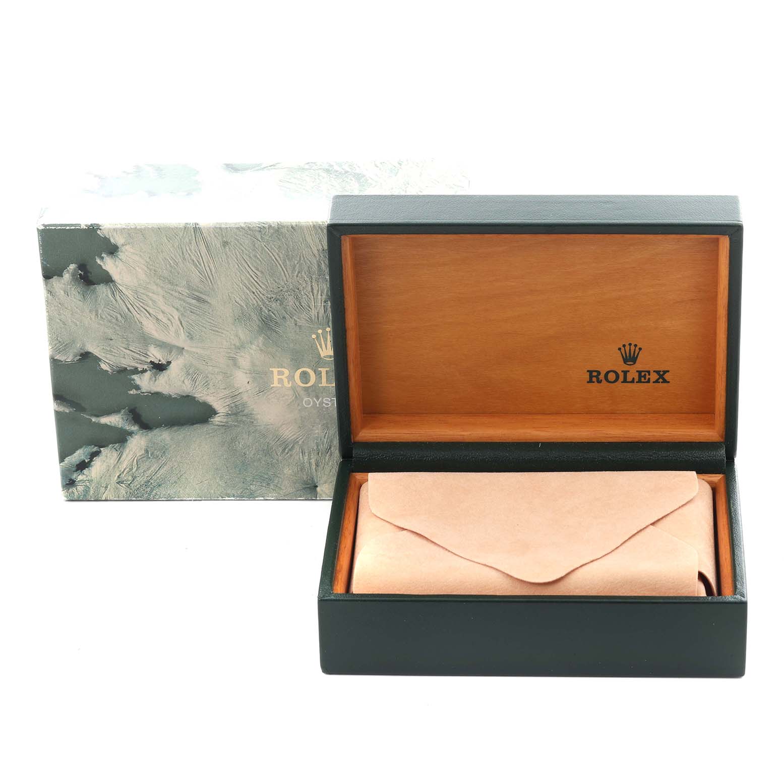 The image shows the packaging for the Rolex Air-King 14010 Men's Stainless Steel Blue Dial 14010 Men's Stainless Steel Blue Dial, featuring an open wooden box with a protective pouch inside.