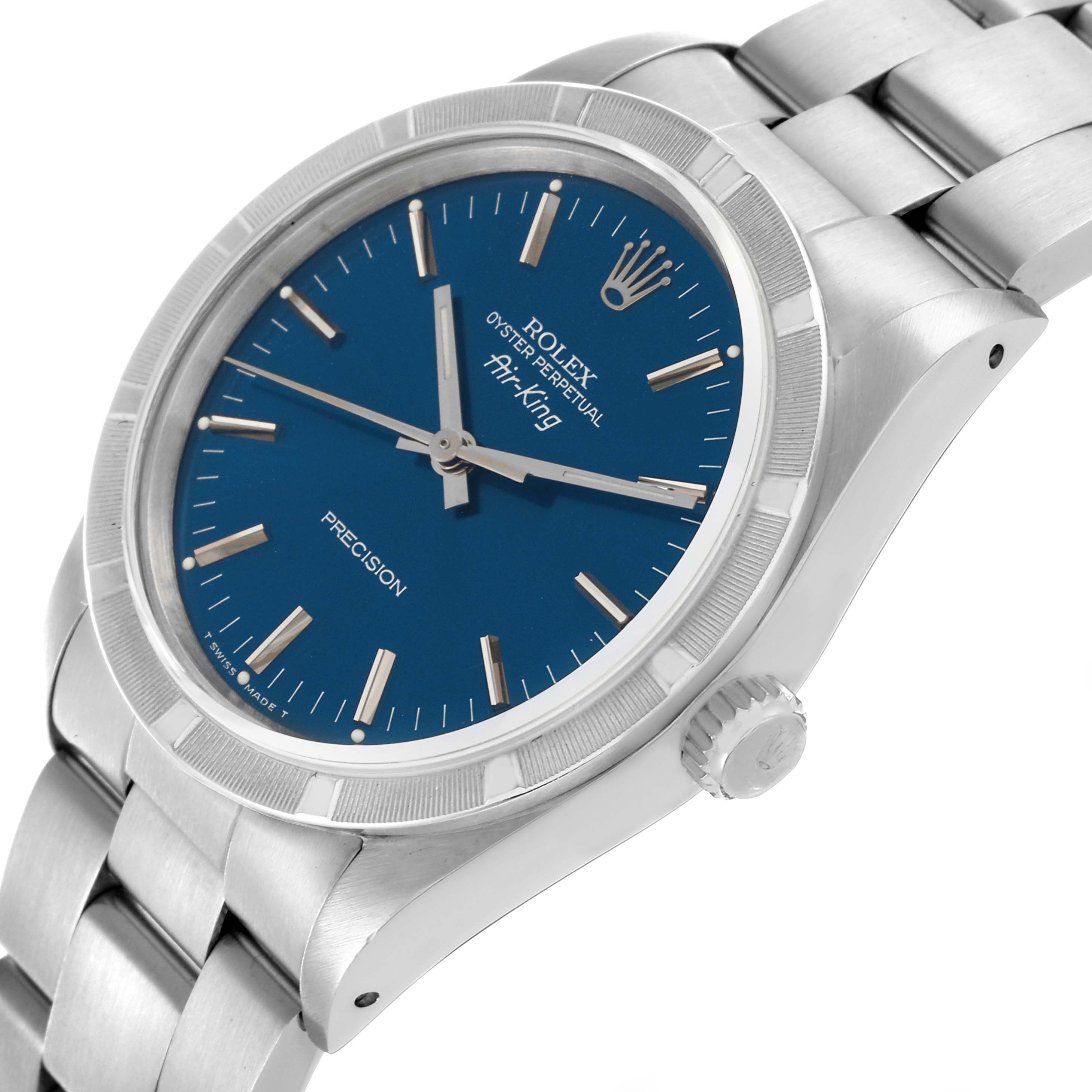 The Rolex Air-King 14010 Men's Stainless Steel Blue Dial 14010 Men's Stainless Steel Blue Dial watch is shown at a slight angle, displaying the dial, bezel, crown, and part of the bracelet.
