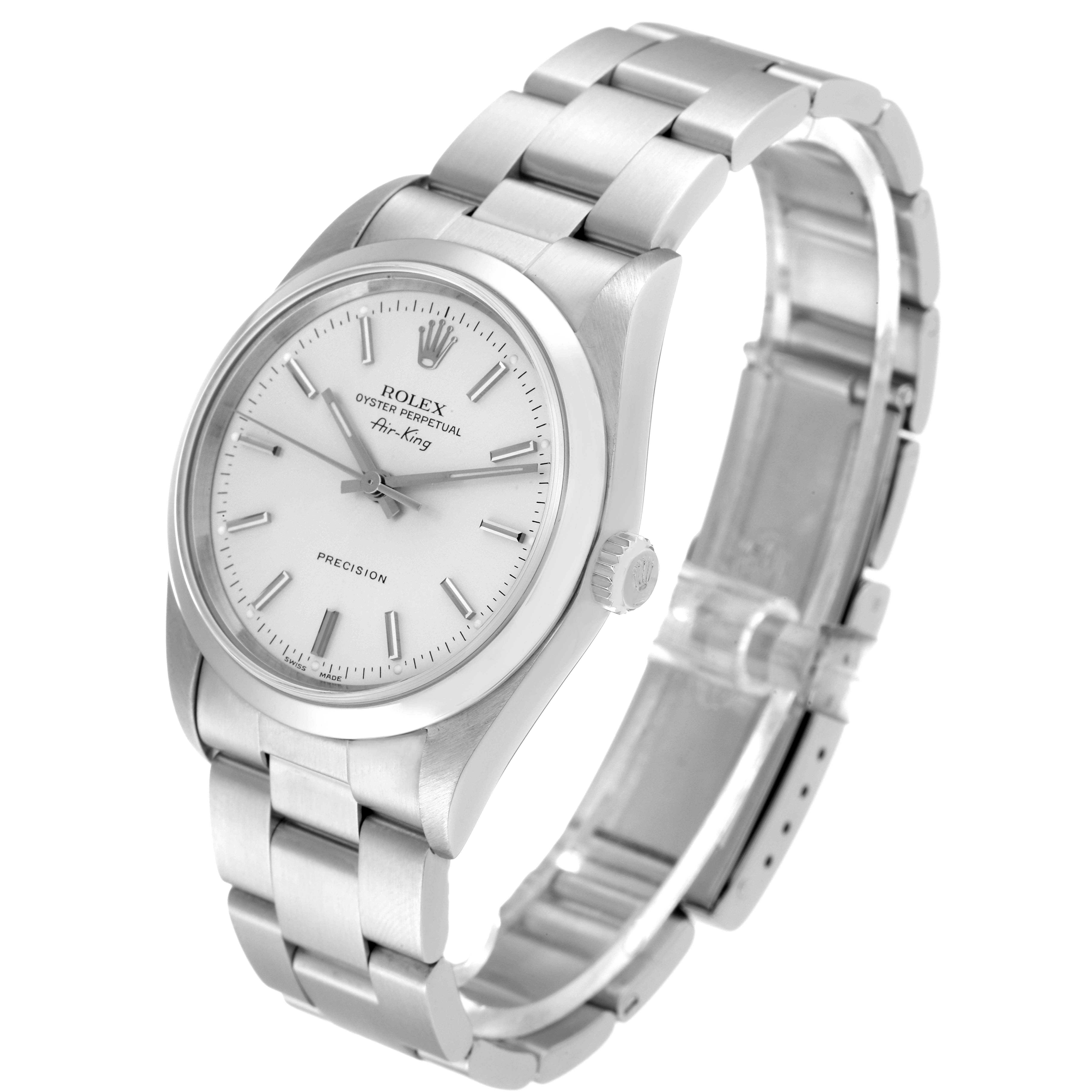 The Rolex Air-King 14000 Men's Stainless Steel Silver Dial 14000 Men's Stainless Steel Silver Dial watch is shown from a front-left angle, displaying its face, crown, and full stainless steel bracelet.