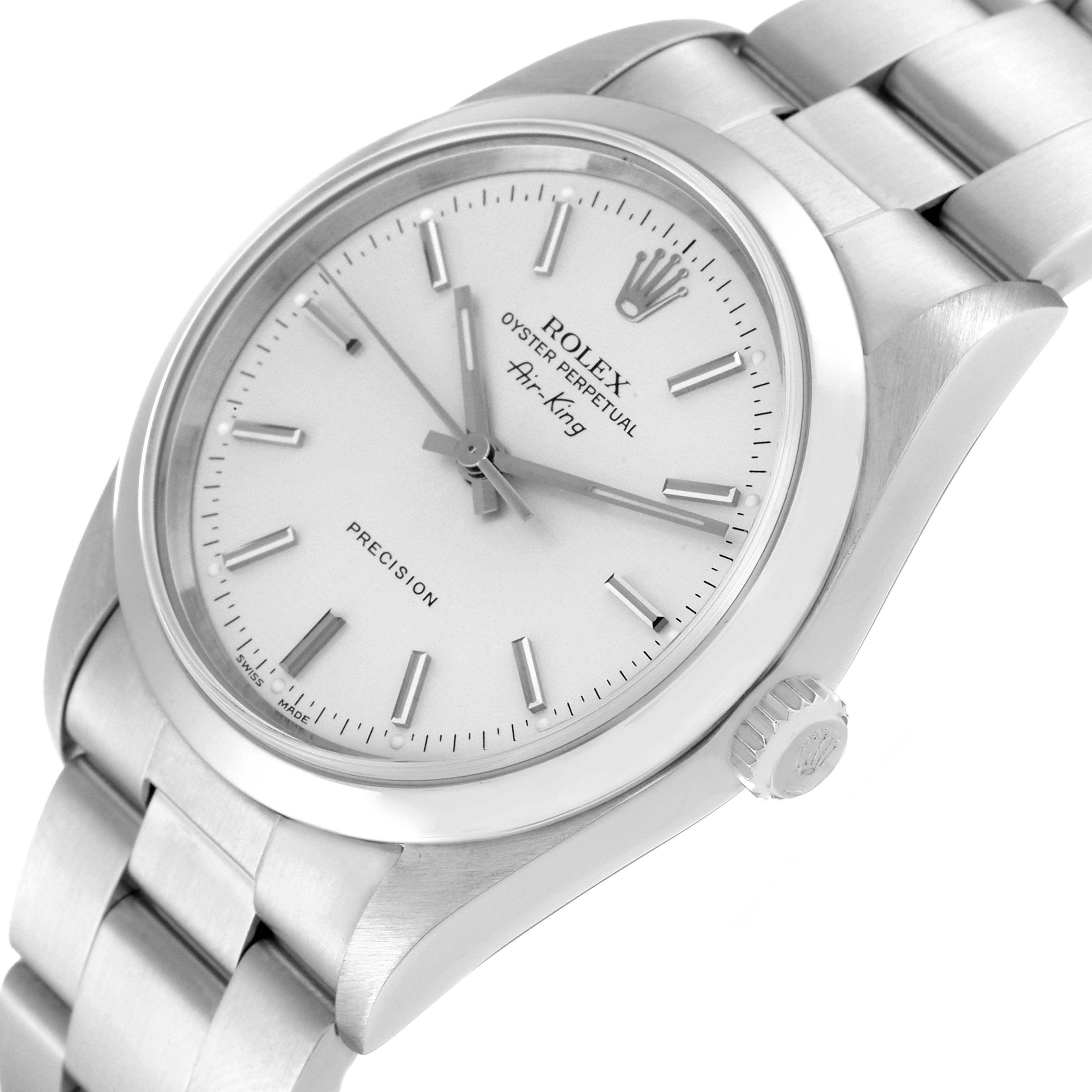 The image shows a close-up side angle of the Rolex Air-King 14000 Men's Stainless Steel Silver Dial 14000 Men's Stainless Steel Silver Dial watch, highlighting the dial, case, bracelet, and crown.