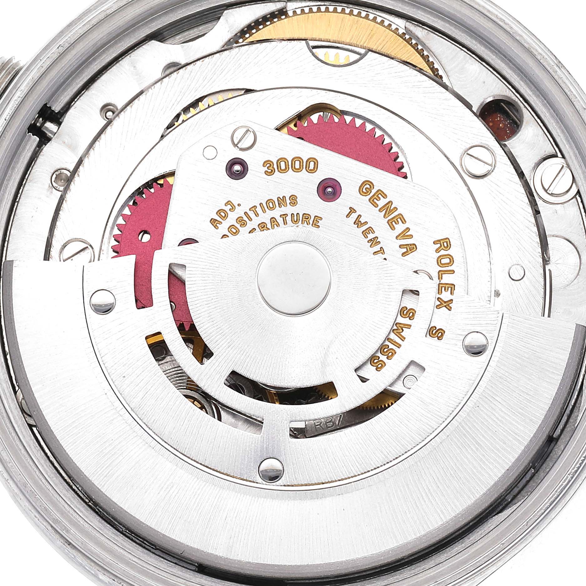 This image shows a close-up of the internal movement mechanics of a Rolex Air-King 14000 Men's Stainless Steel Silver Dial 14000 Men's Stainless Steel Silver Dial watch.