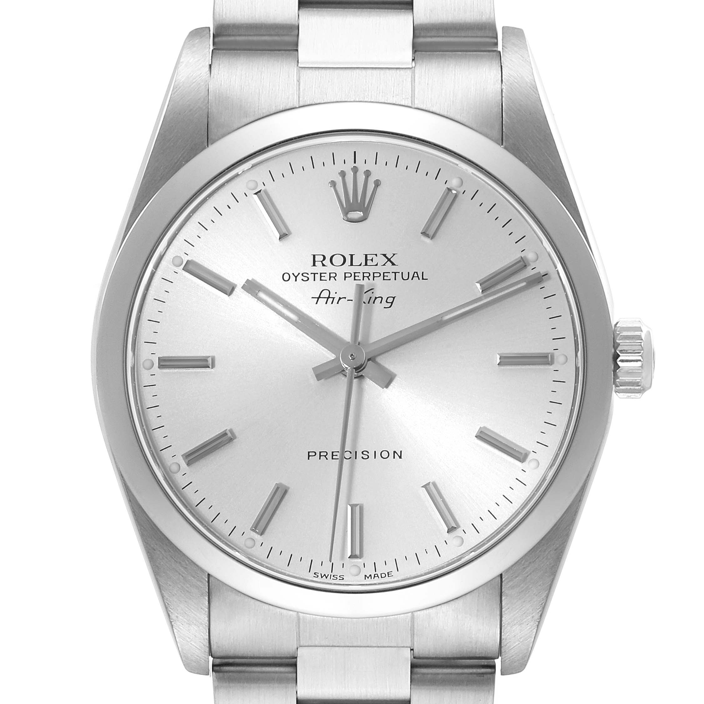 The image shows a frontal view of the Rolex Air-King 14000 Men's Stainless Steel Silver Dial 14000 Men's Stainless Steel Silver Dial watch, showcasing its silver dial, hour markers, crown, and part of the bracelet.