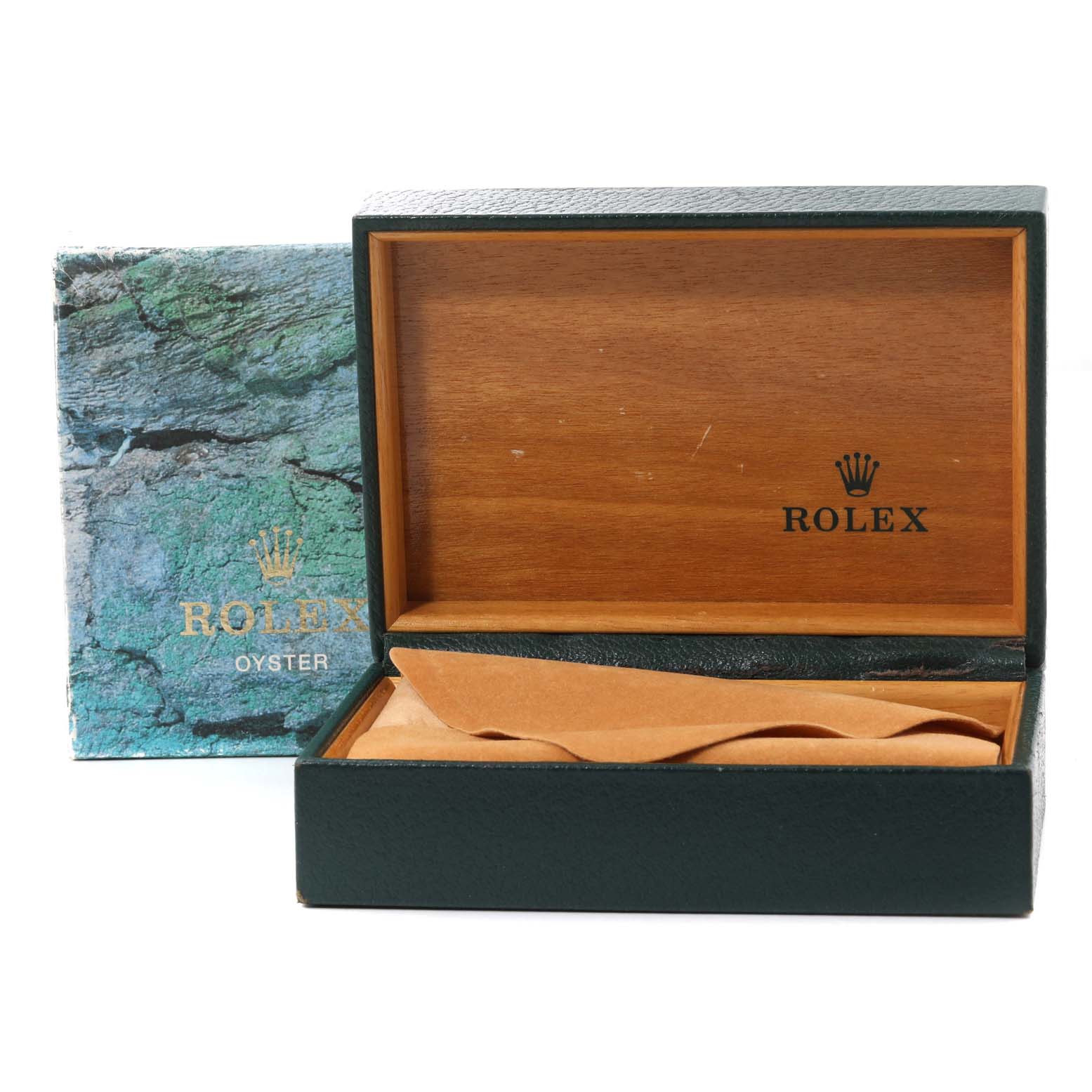 The image shows an open Rolex Air-King 14000 Men's Stainless Steel Silver Dial 14000 Men's Stainless Steel Silver Dial watch box with its inner cushion displayed, alongside its outer decorative box.