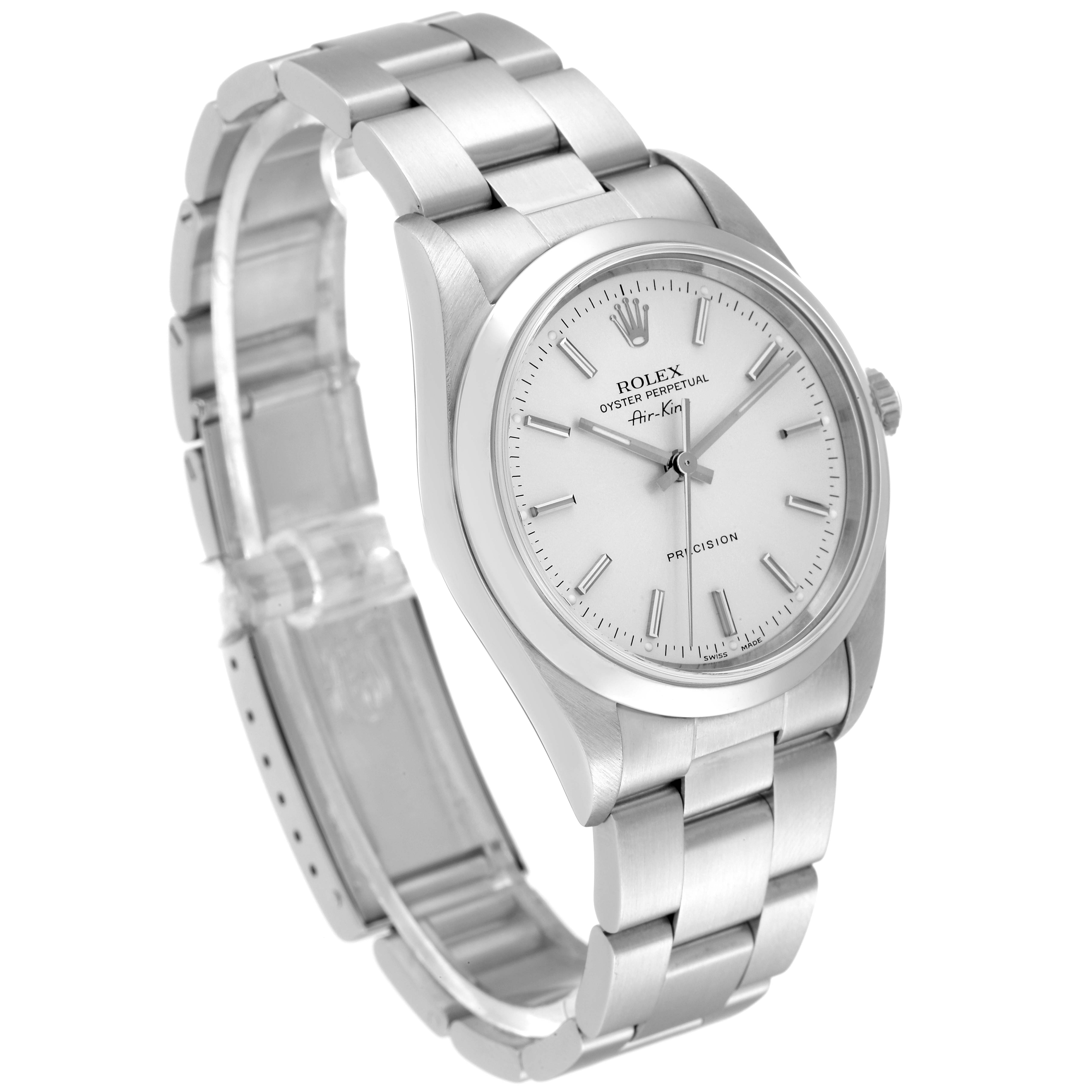 The image shows a side-angle view of a Rolex Air-King 14000 Men's Stainless Steel Silver Dial 14000 Men's Stainless Steel Silver Dial, highlighting the silver case, white dial, and metal bracelet.