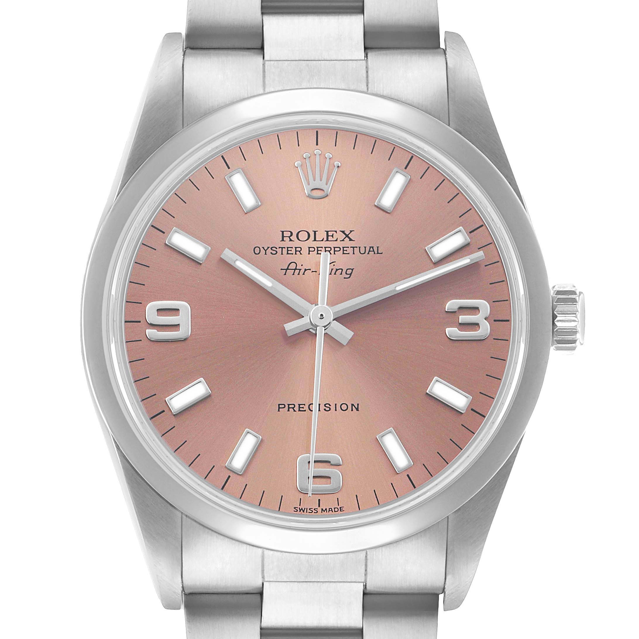The Rolex Air-King 14000 Men's Stainless Steel Pink Dial watch is shown from a front angle, highlighting the dial, hands, indices, crown, and part of the bracelet.
