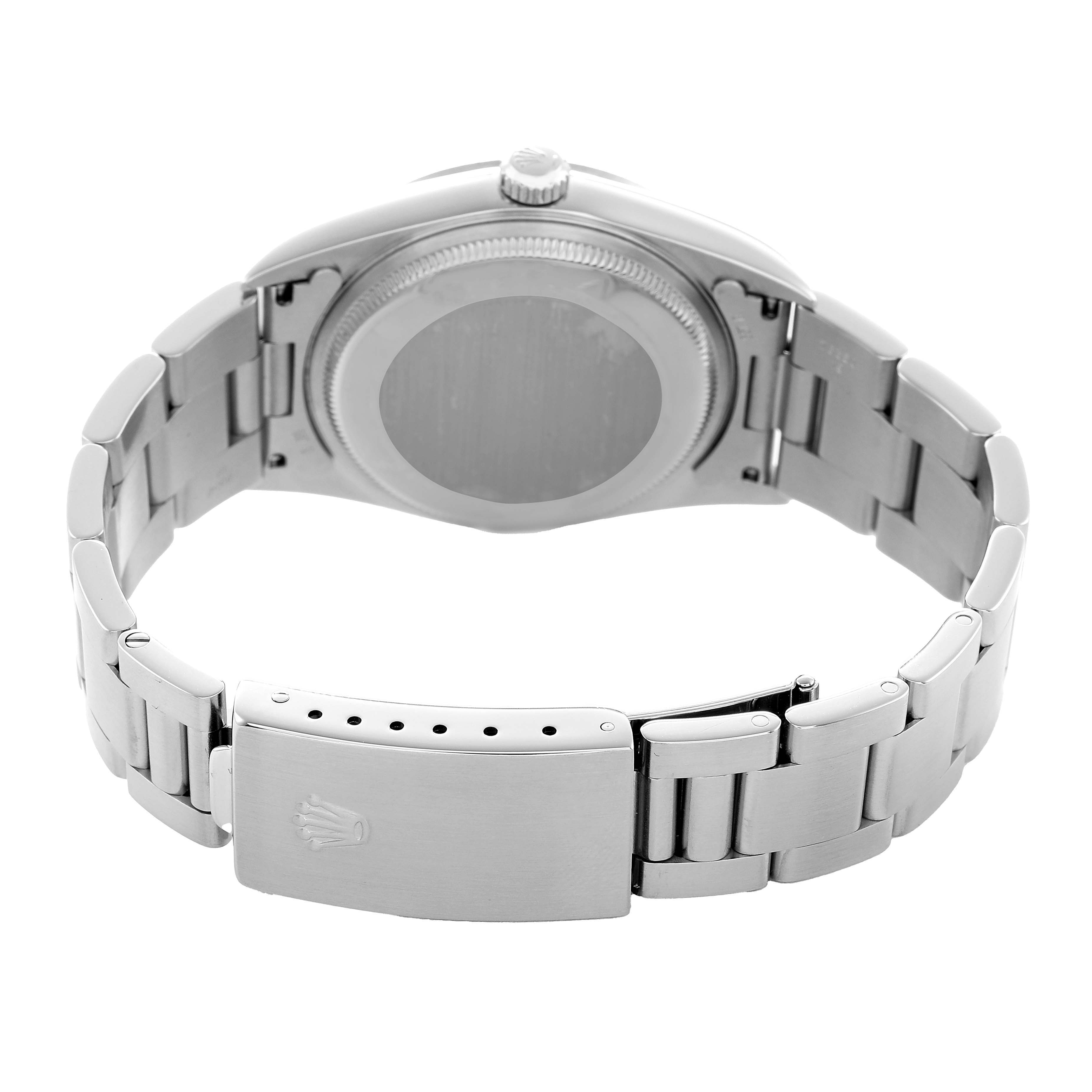 The image shows the back and clasp of a Rolex Air-King 14000 Men's Stainless Steel Pink Dial watch at an angled view.