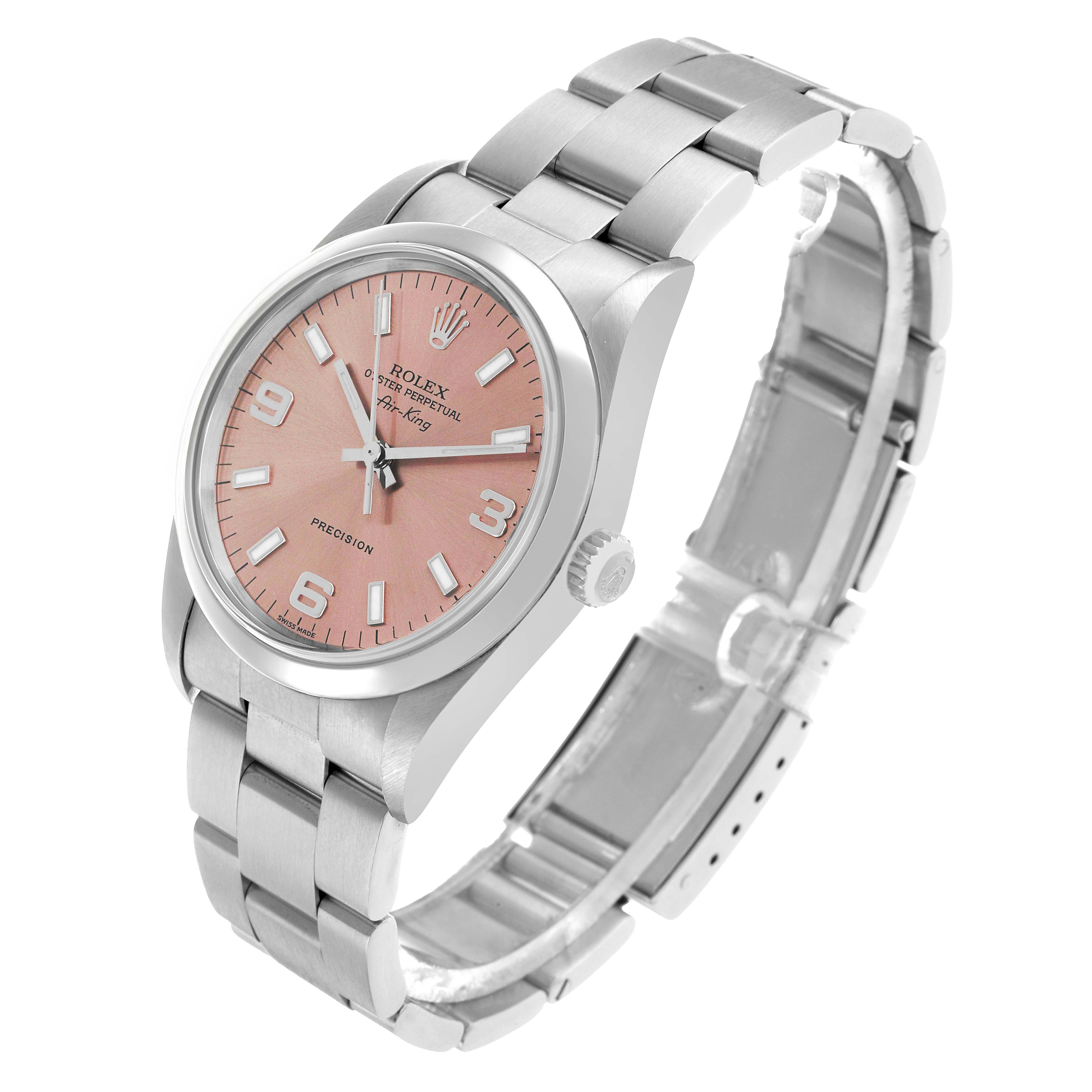 The Rolex Air-King 14000 Men's Stainless Steel Pink Dial watch is shown at an angled view, displaying the pink dial, crown, and stainless steel bracelet.
