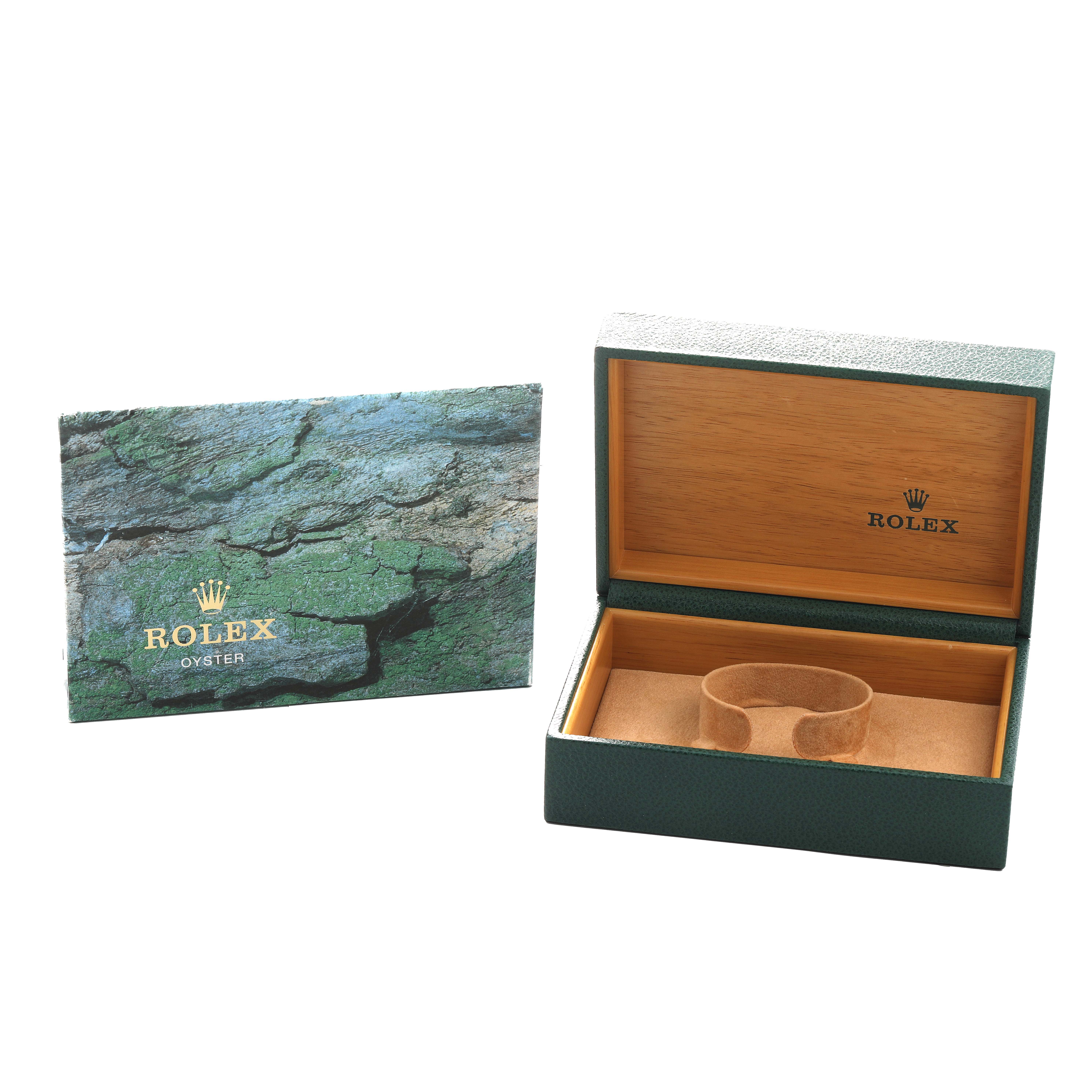 The image shows the open box and sleeve for a Rolex Air-King 14000 Men's Stainless Steel Pink Dial watch, depicting the interior lining and exterior design.