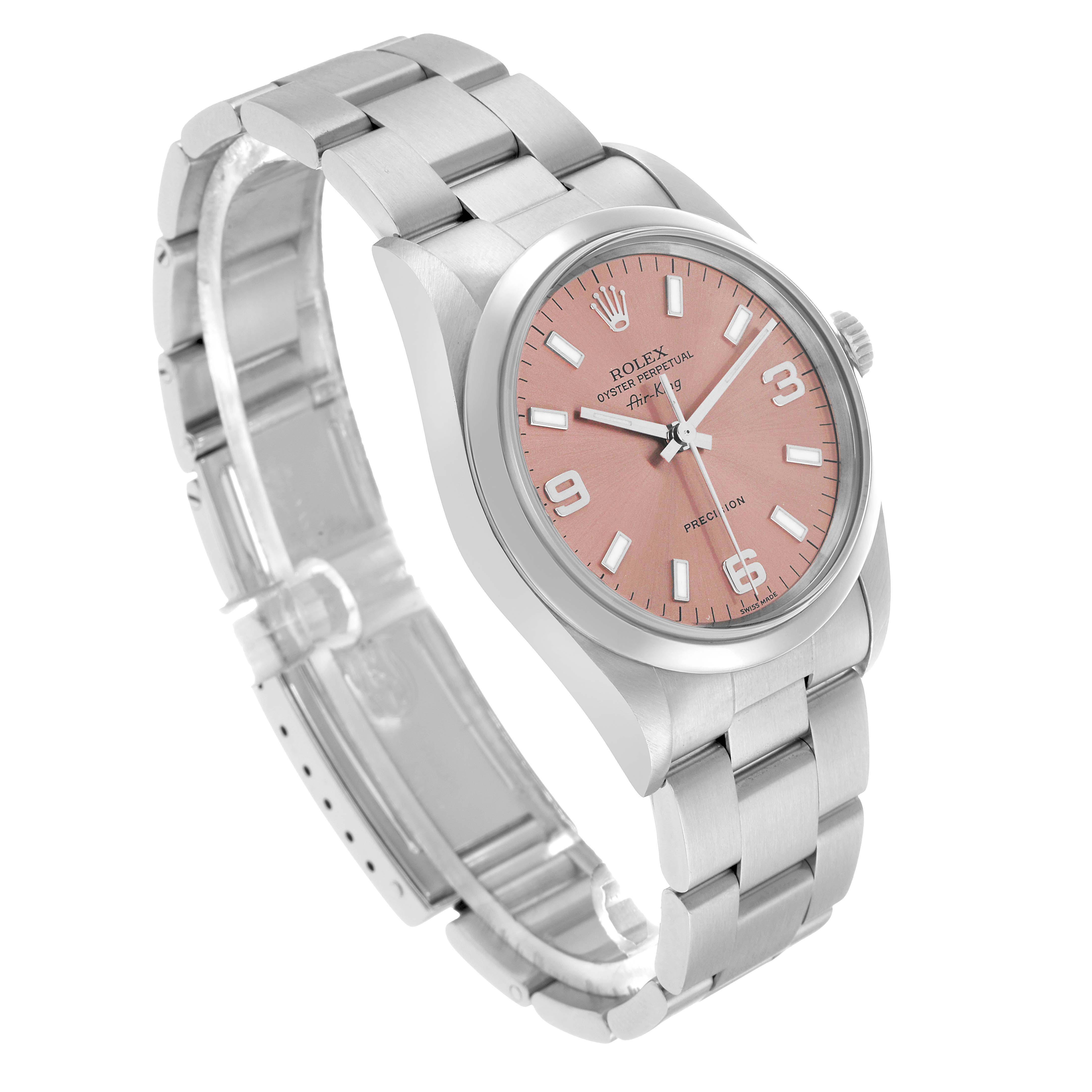 The Rolex Air-King 14000 Men's Stainless Steel Pink Dial watch is shown at a three-quarter angle, highlighting the bracelet, case, and dial.
