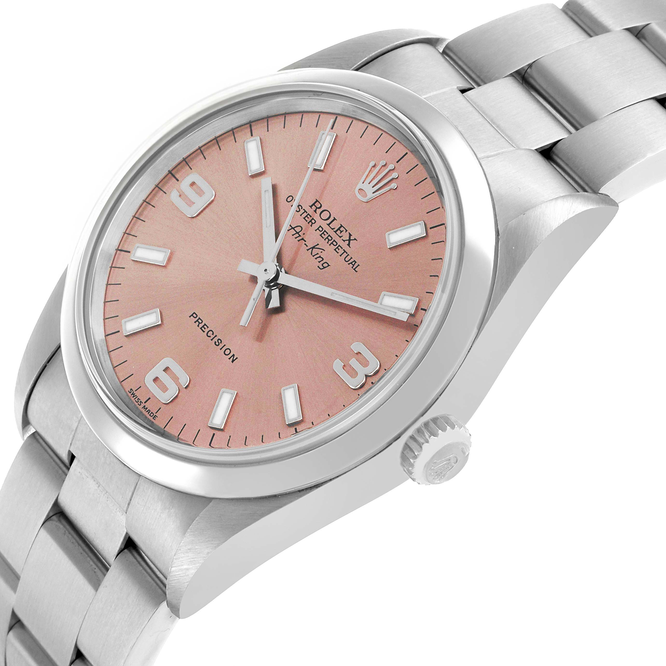 The Rolex Air-King 14000 Men's Stainless Steel Pink Dial watch is shown at a tilted angle, featuring the dial face, crown, and part of the bracelet.
