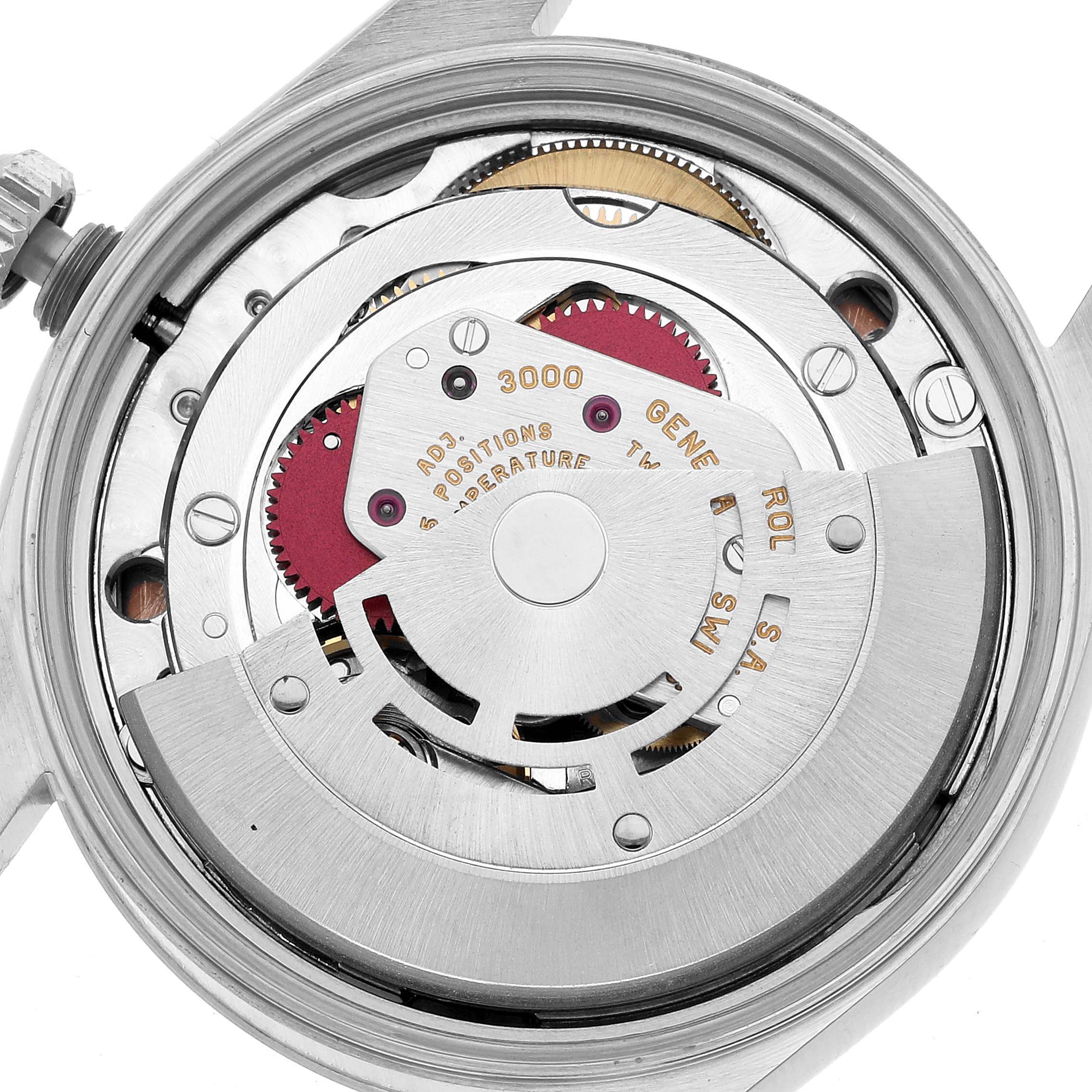 The image shows the movement mechanism of a Rolex Air-King 14000 Men's Stainless Steel Pink Dial watch from an internal angle, highlighting gears and the rotor.