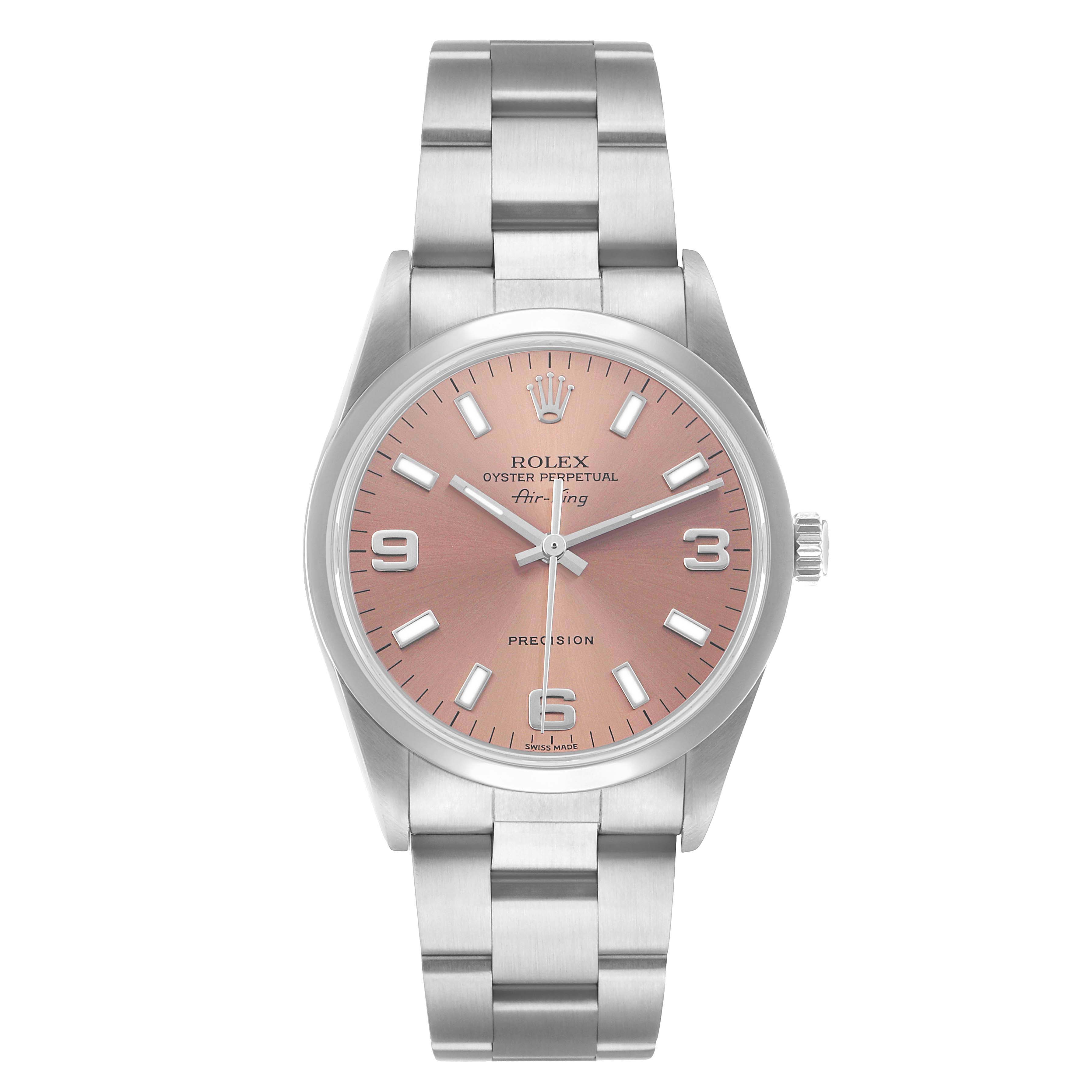 The Rolex Air-King 14000 Men's Stainless Steel Pink Dial watch is shown from the front, displaying its dial, bezel, and bracelet.